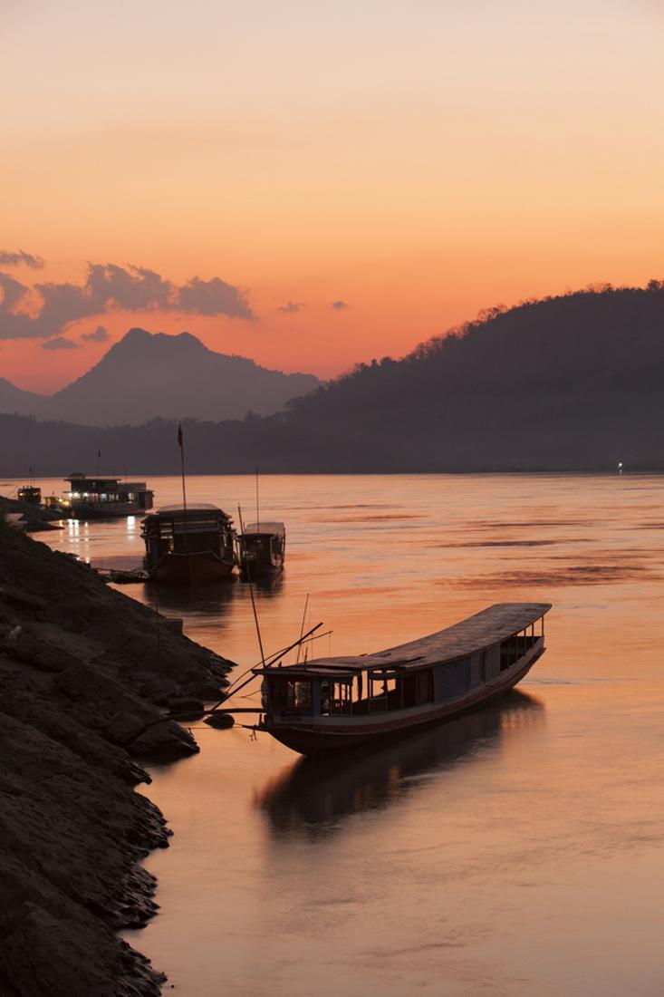 733x1100 Laos, Luang Prabang, boats on Mekong River at sunset., Scenic Unframed Photographic Print Wall Art by Merrill