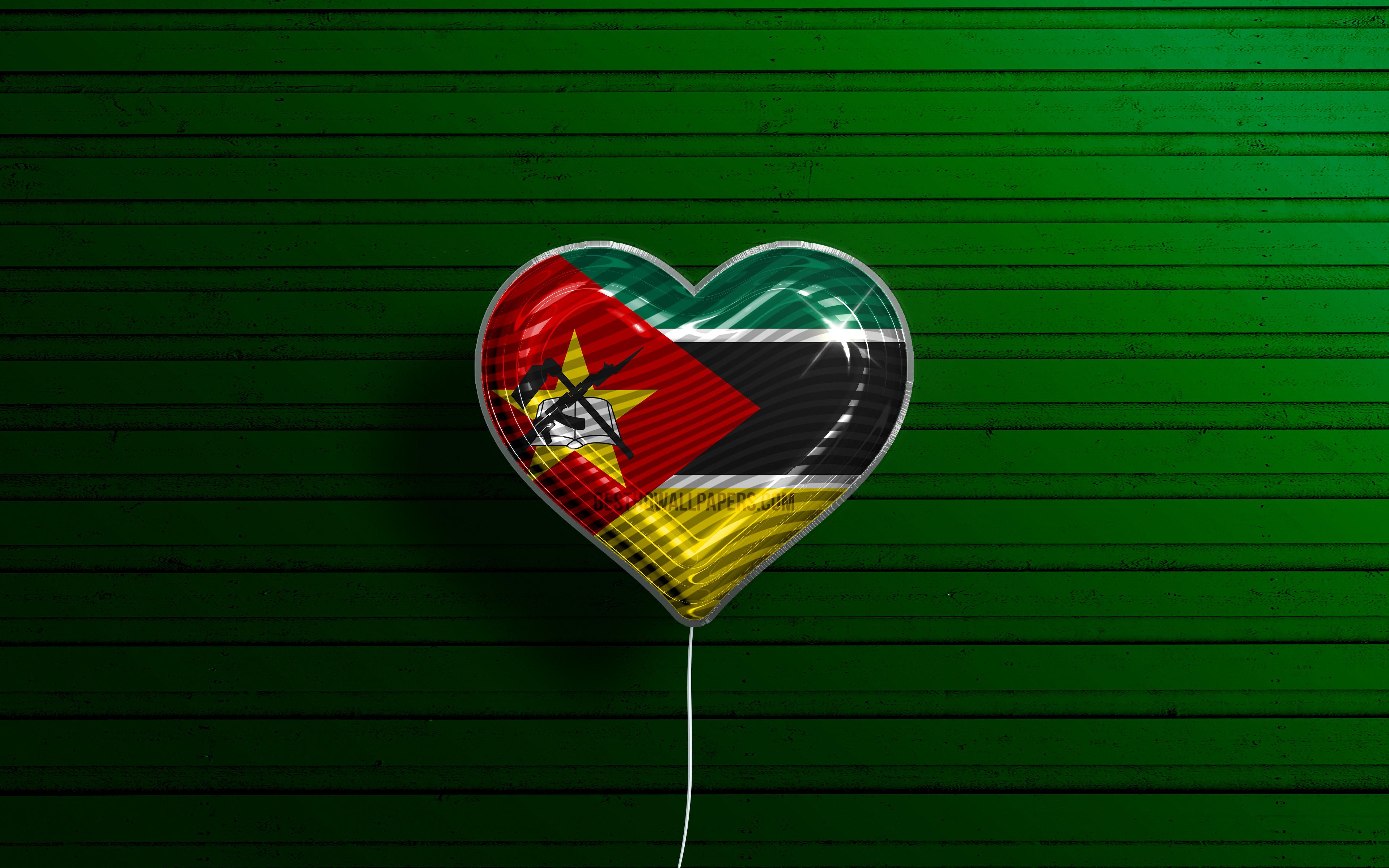 3840x2400 Download wallpaper I Love Mozambique, 4k, realistic balloons, green wooden background, African countries, Mozambican flag heart, favorite countries, flag of Mozambique, balloon with flag, Mozambican flag, Mozambique, Love Mozambique for desktop with