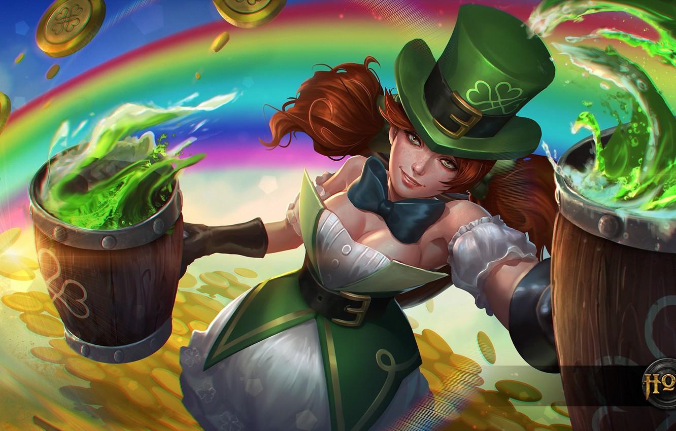 1332x850 Wallpaper girl, alcohol, hon, heroes of newerth, Shamrock, drunken master, Mistress image for desktop, section игры