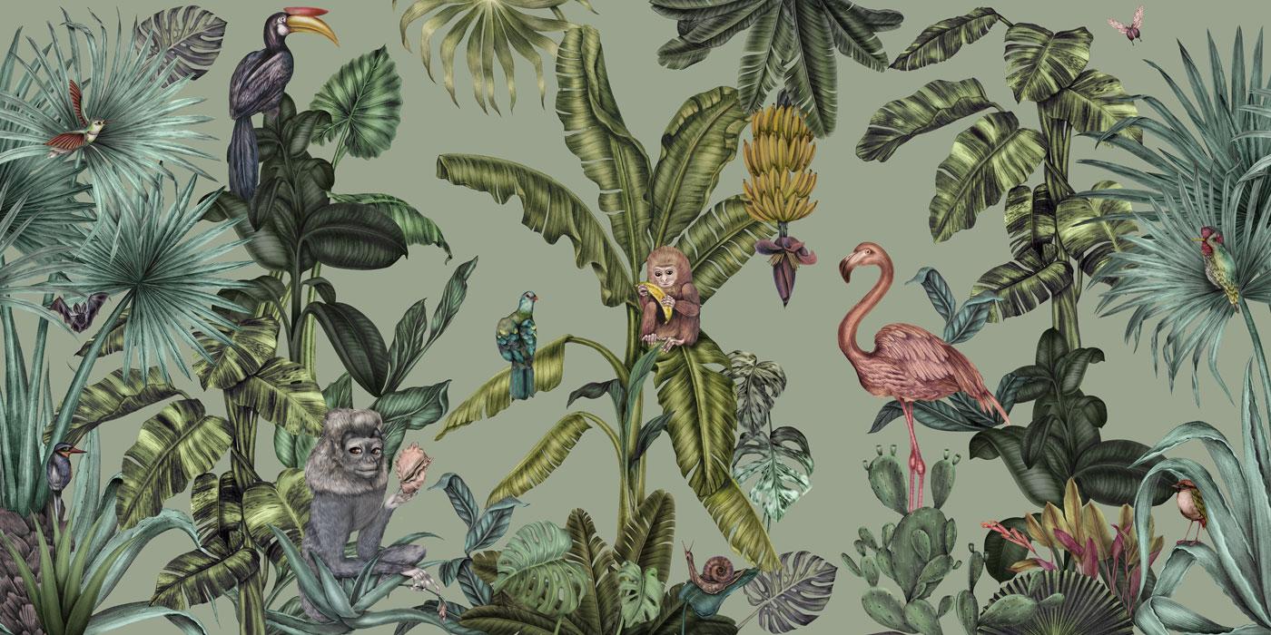 1400x700 Green Exotic Bird Monkey Jungle Mural