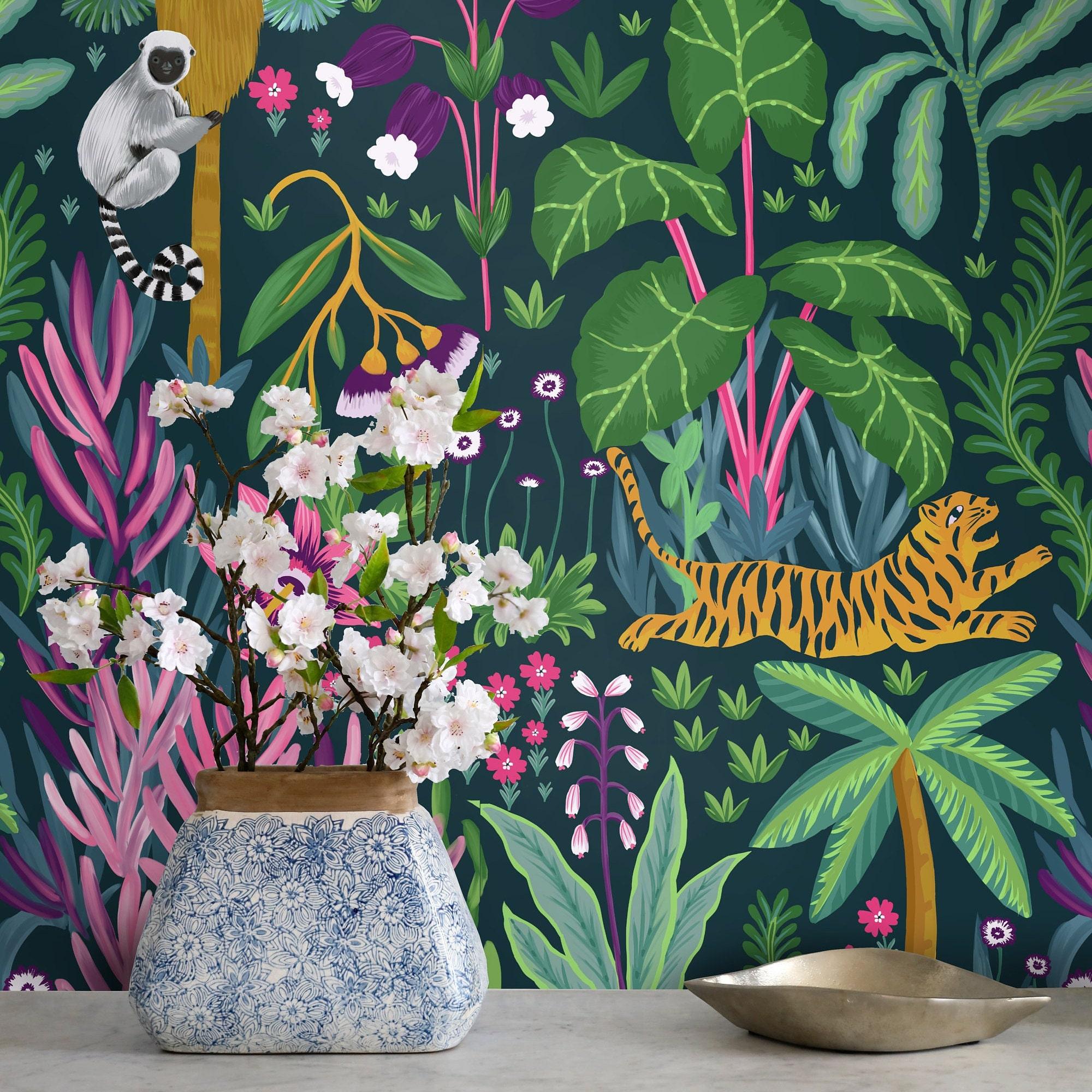2000x2000 Tropical Dark Jungle Wallpaper Whimsical Tiger Painting Dark