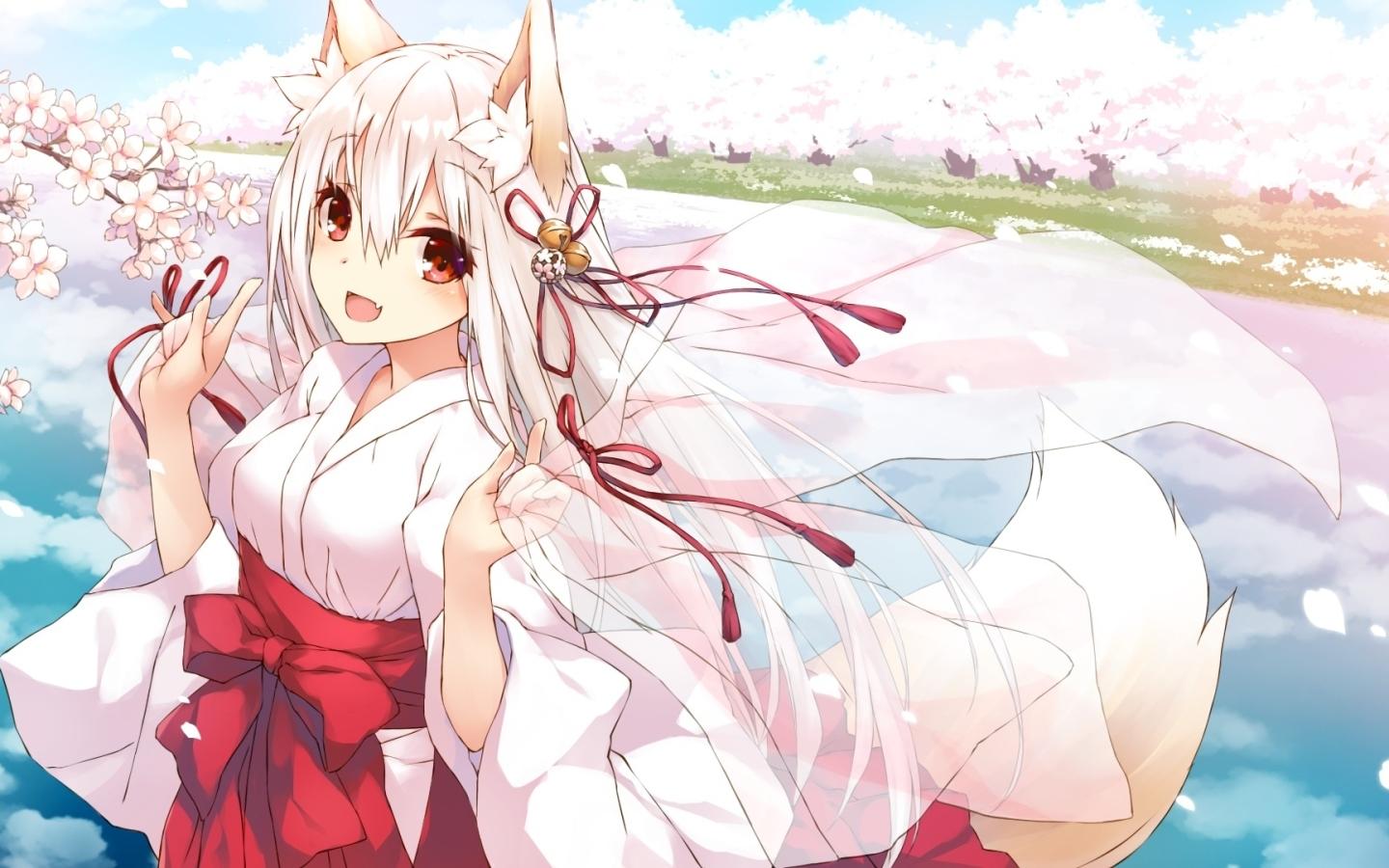 1440x900 Wallpaper Smiling, Cherry Blossom, White Hair, Animal Ears, Anime Fox Girl, Miko, Tail, Cute:1920x1080