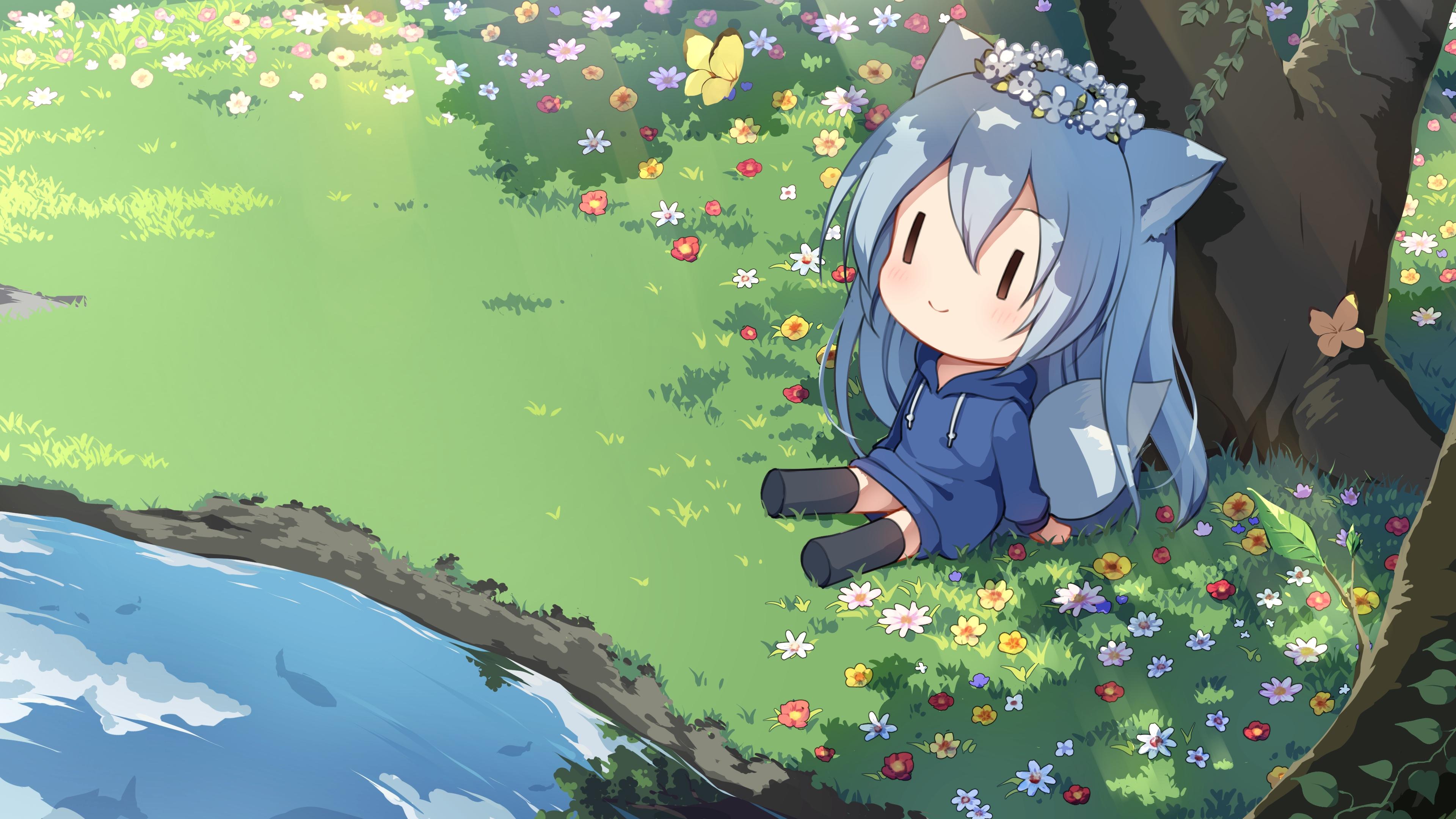 3840x2160 Wallpaper Chibi Anime Girl, Cute, Aqua Hair, Reflection, Fox Girl, Animal Ears, Butterfly:3840x2160