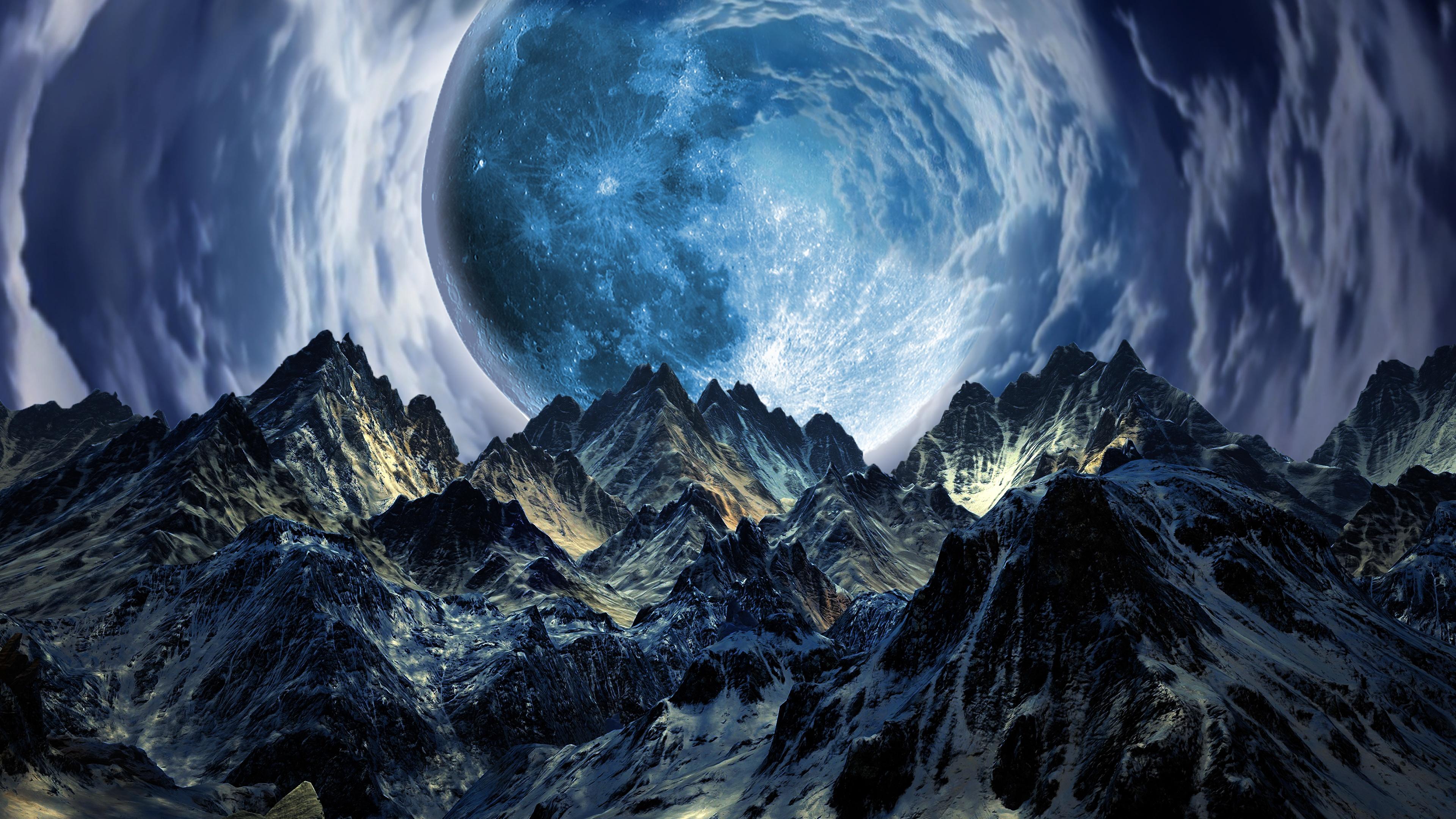 3840x2160 Moon Wallpaper 4K, Mountains, Landscape, Portal, Surreal, Clouds, Nature