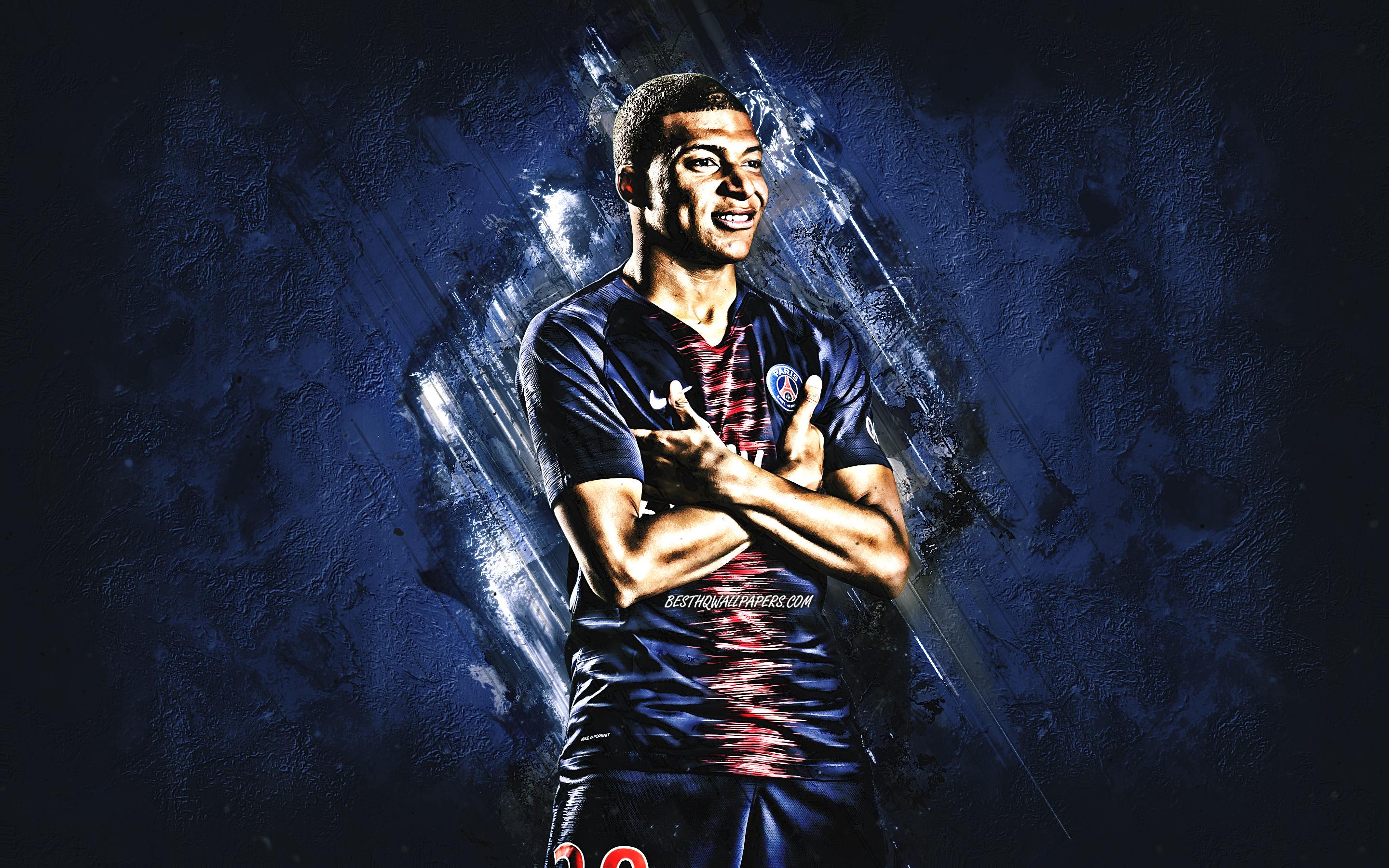 2880x1800 Download Wallpaper Kylian Mbappe, Paris Saint Germain, Striker, Joy, Blue Stone, PSG, Famous Footballers, Football, French Footballers, Grunge, Ligue France, Mbappe For Desktop With Resolution 2880x1800. High Quality HD Picture Wallpaper