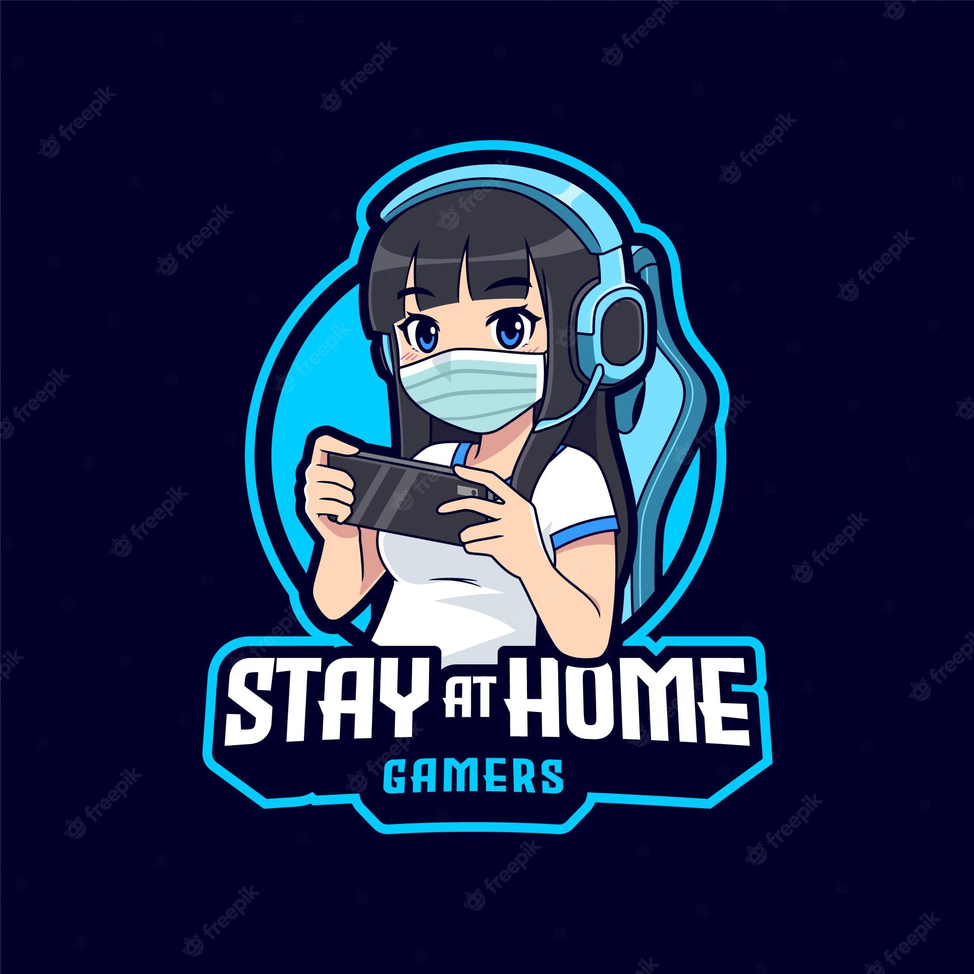2000x2000 Premium Vector. Cute gamer girl wear face mask stay at home esport logo