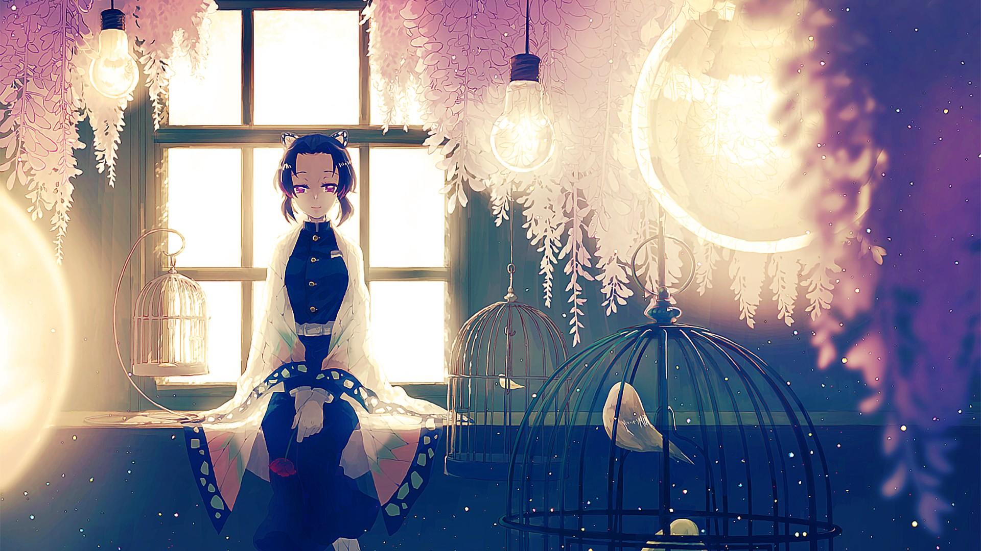 1920x1080 Demon Slayer Shinobu Kochou Sitting Around Birds In Cage With Lights With Background Of Window HD Anime Wallpaper