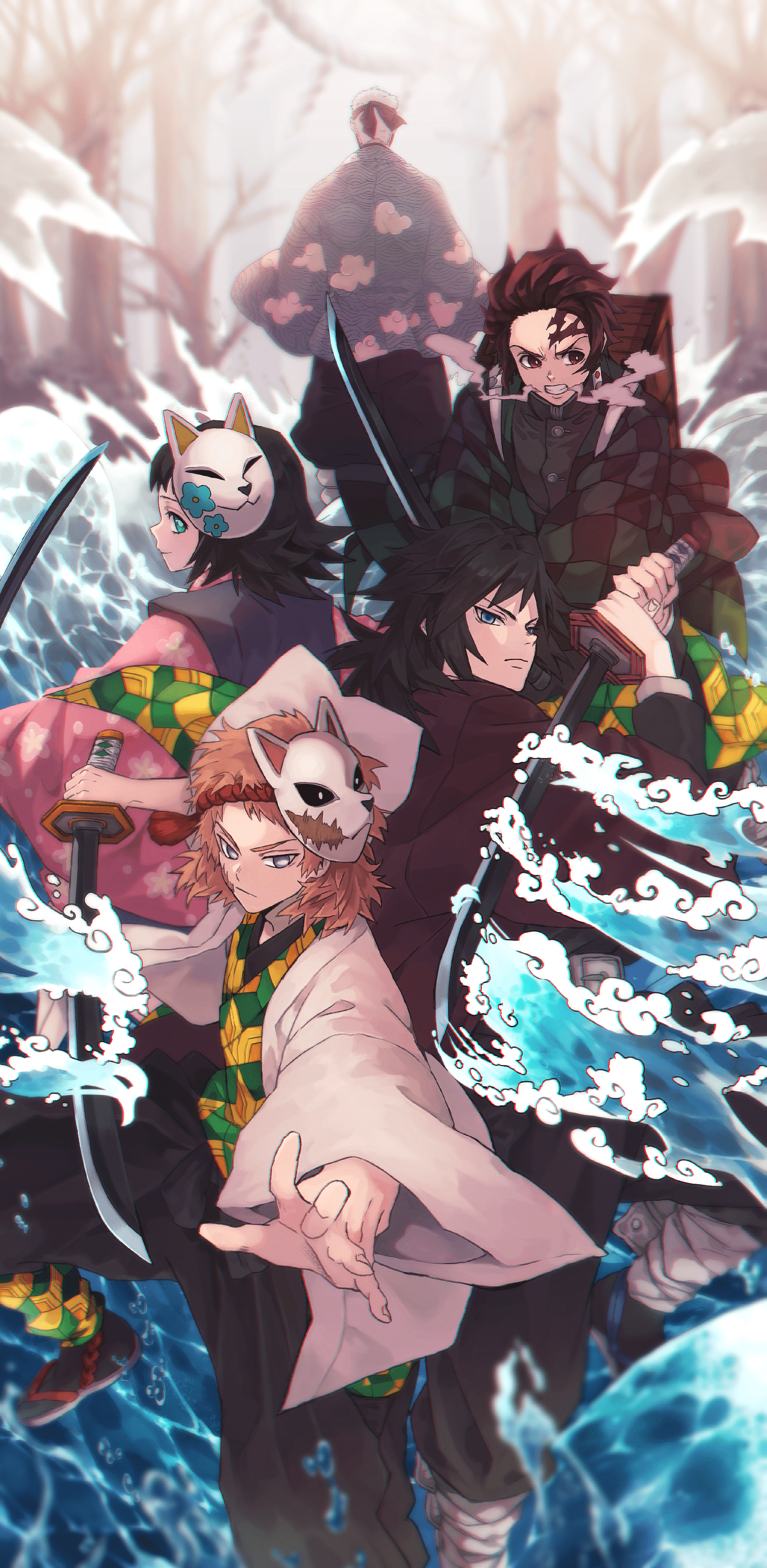 1599x3268 kamado tanjirou, tomioka giyuu, makomo, sabito, and urokodaki sakonji (kimetsu no yaiba) drawn
