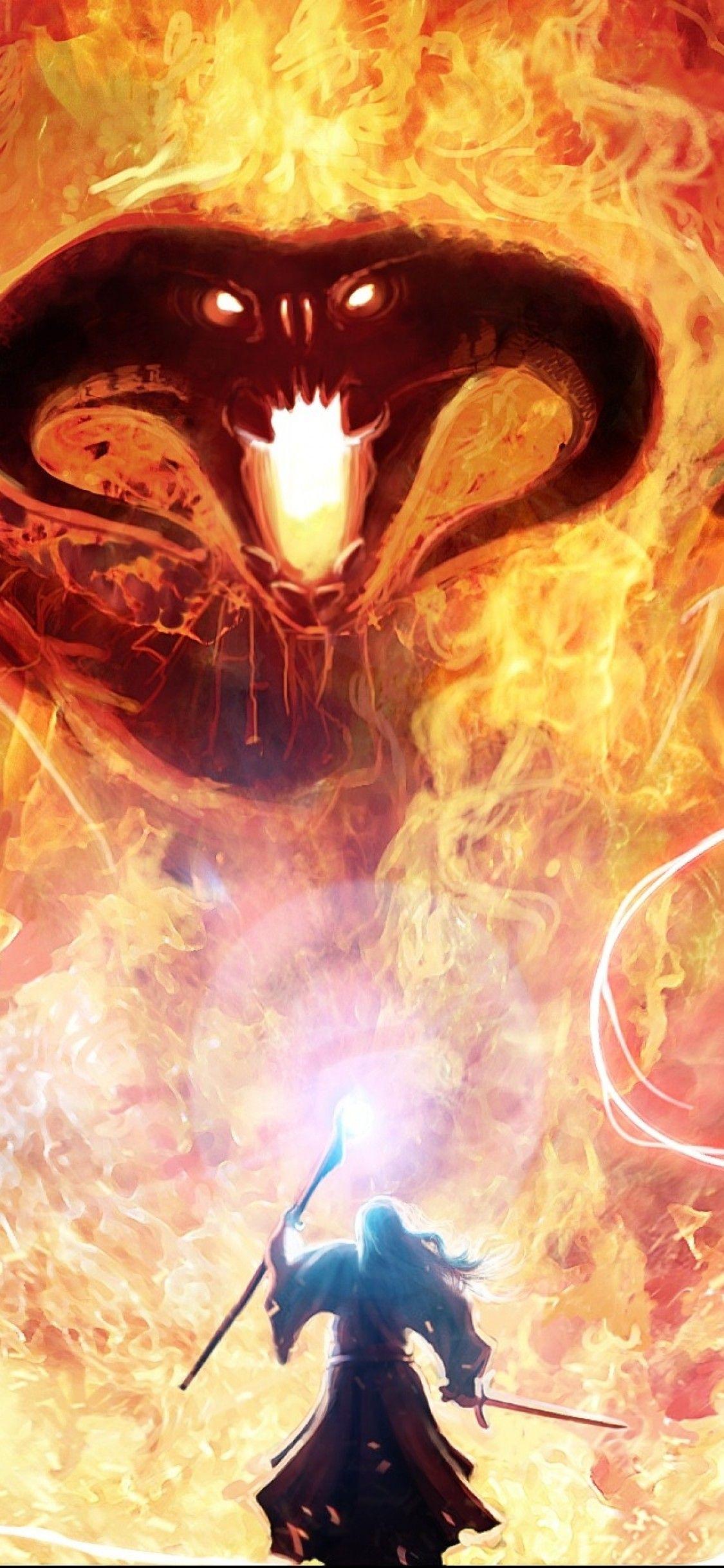 1125x2436 Download 1125x2436 Lord Of The Rings, Balrog, Gandalf, Fire, Tolkien