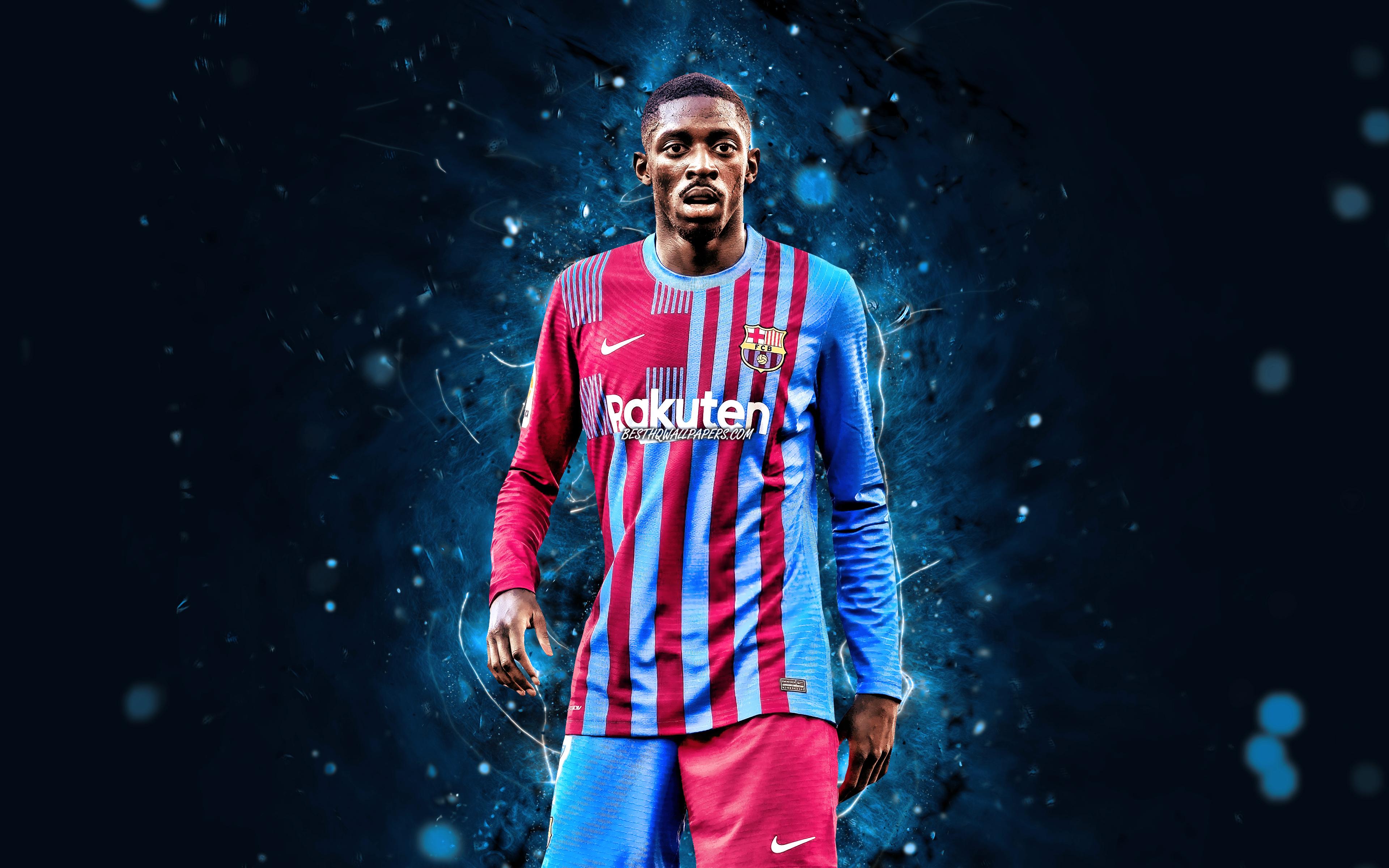 3840x2400 Download wallpaper Ousmane Dembele, 4k, FC Barcelona, blue neon lights, french footballers, LaLiga, Barca, Barcelona FC, football, Ousmane Dembele 4K, soccer, Ousmane Dembele Barcelona, La Liga, FCB for desktop with resolution
