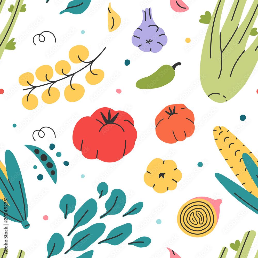 1000x1000 Different veggies seamless vector pattern of hand drawn fresh tasty vegetarian raw food. Repeat wallpaper with cooking fresh tasty organic vegetables for cooking book, menu or textile fabric print. Stock Vector
