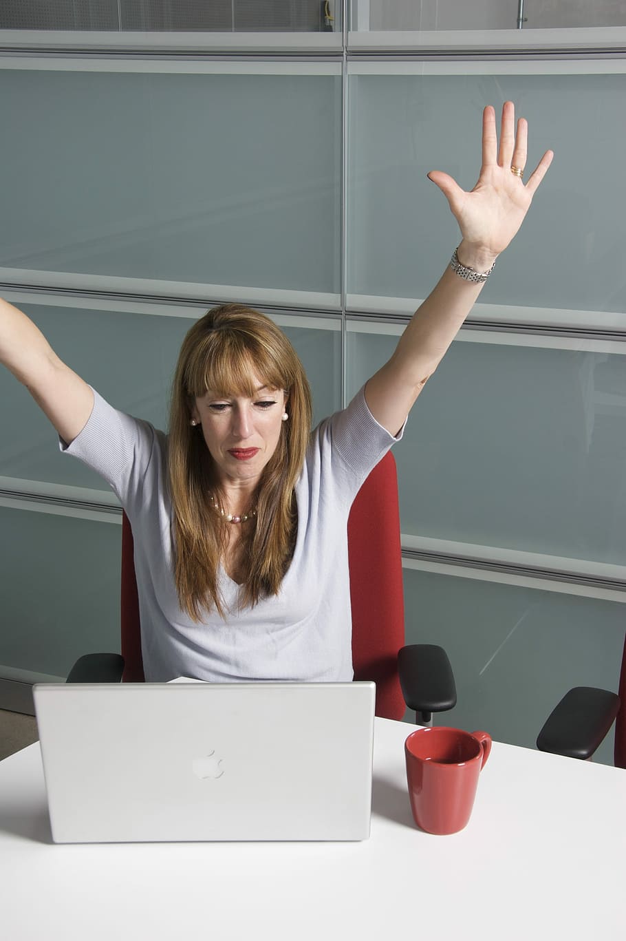 910x1367 Woman Sitting Near Macbook Raising Hands, Student Happy, Image College Students Happy