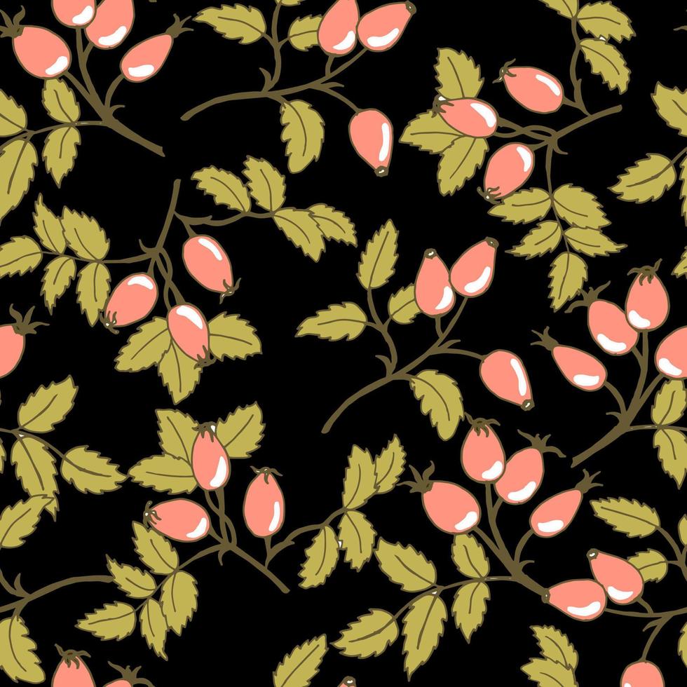 980x980 Seamless Pattern, Hand Drawn Branches Of Wild Rose With Leaves And Red Fruits On A Black Background, Textile, Print, Wallpaper
