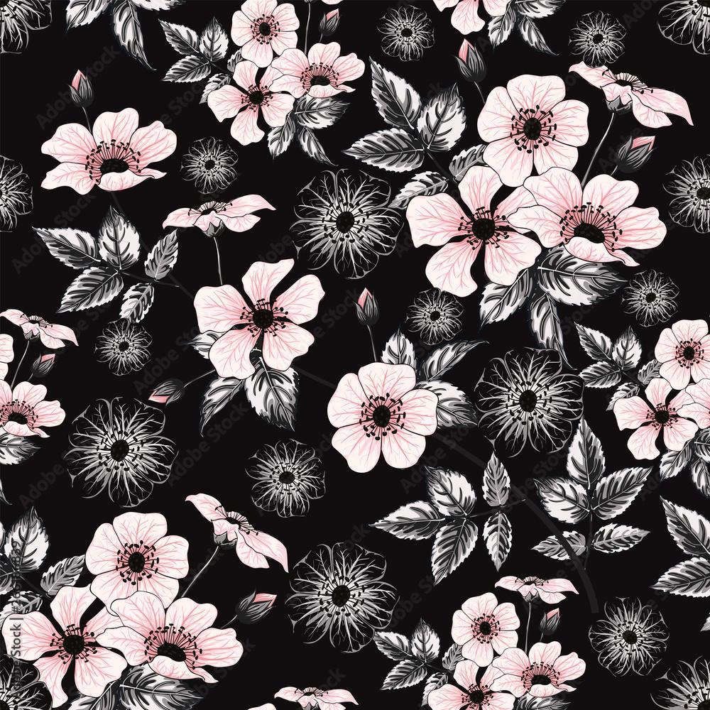 1000x1000 Seamless pattern pink pastel color wild rose flowers on black background.Vector illustration hand drawing doodle.For used wallpaper design, textile fabric or wrapping paper. Stock Vector