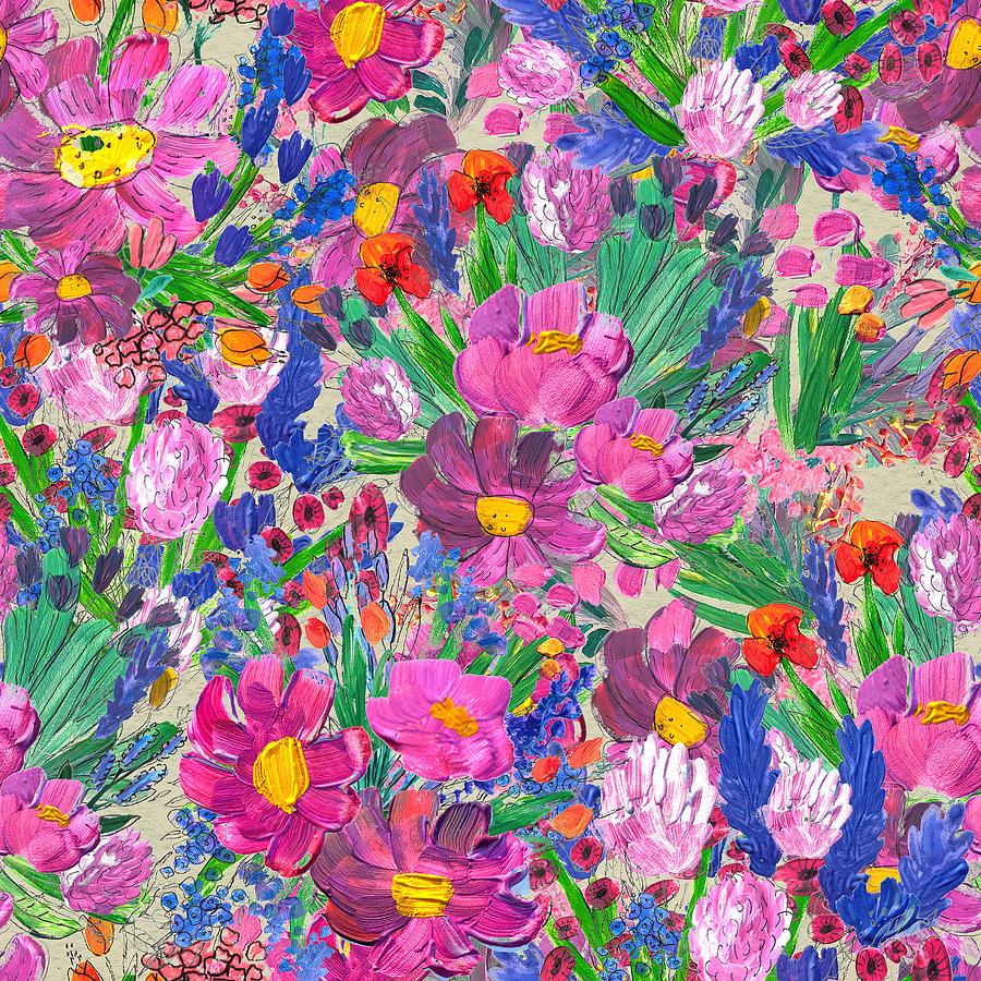 900x900 Seamless pattern with Beautiful flowers. Watercolor or acrylic painting. Floral background. Wildflower wallpaper with pink wild rose, lavender and pappy. Nature artistic print design Drawing