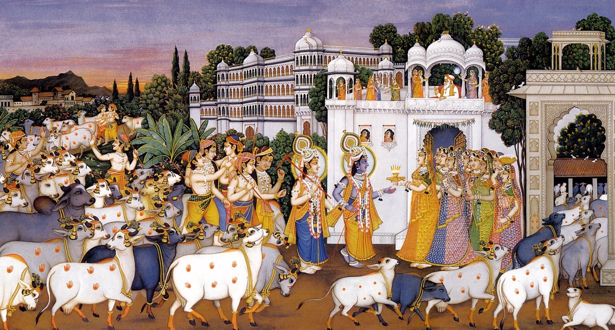 2000x1075 Krishna and Balaram with a Herd of Cows Prints by Anonymous Artist. Buy Posters, Frames, Canvas & Digital Art Prints. Small, Compact, Medium and Large Variants