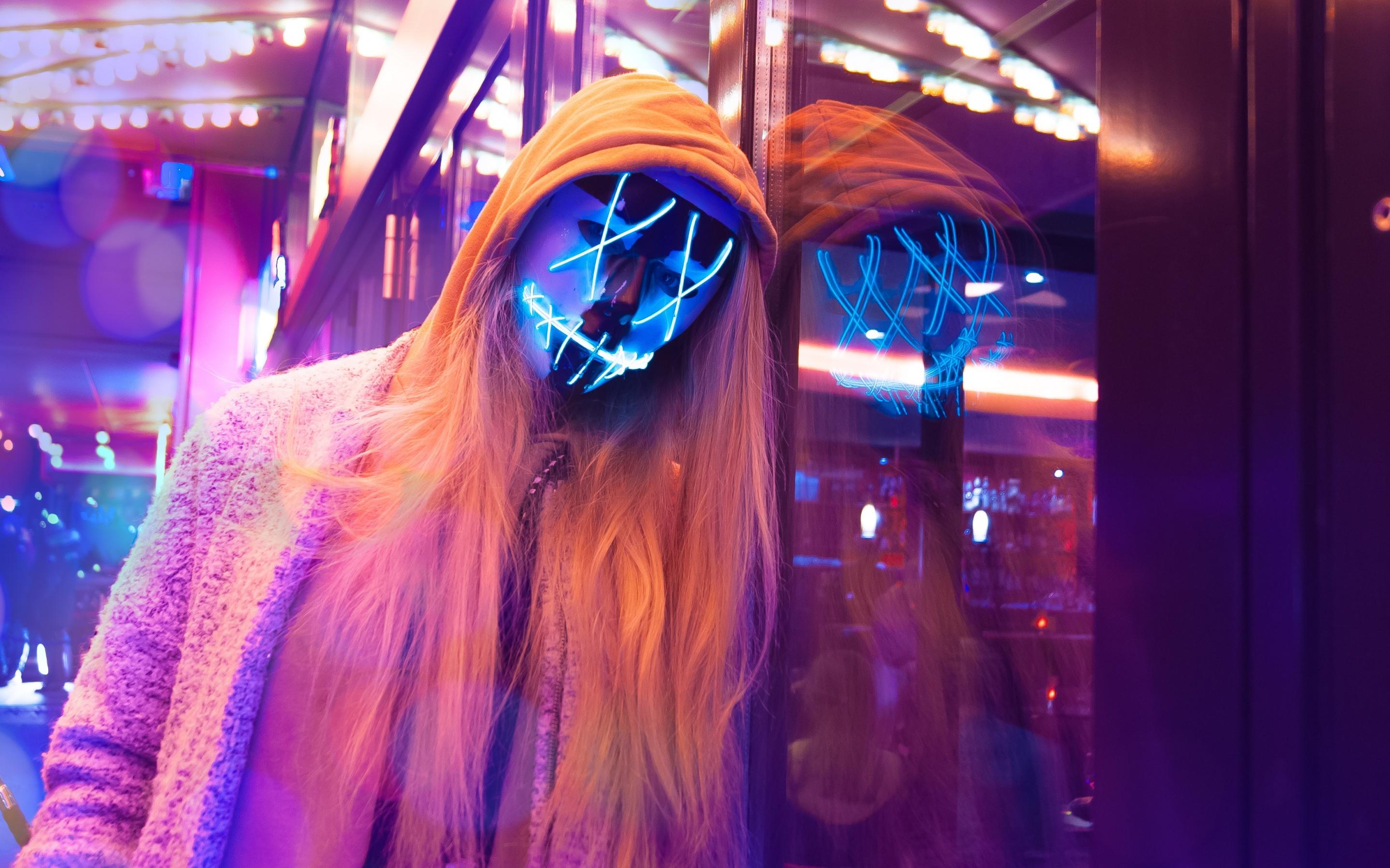2880x1800 LED mask Wallpaper 4K, Neon, Pink, Anonymous, Woman, Aesthetic, Photography
