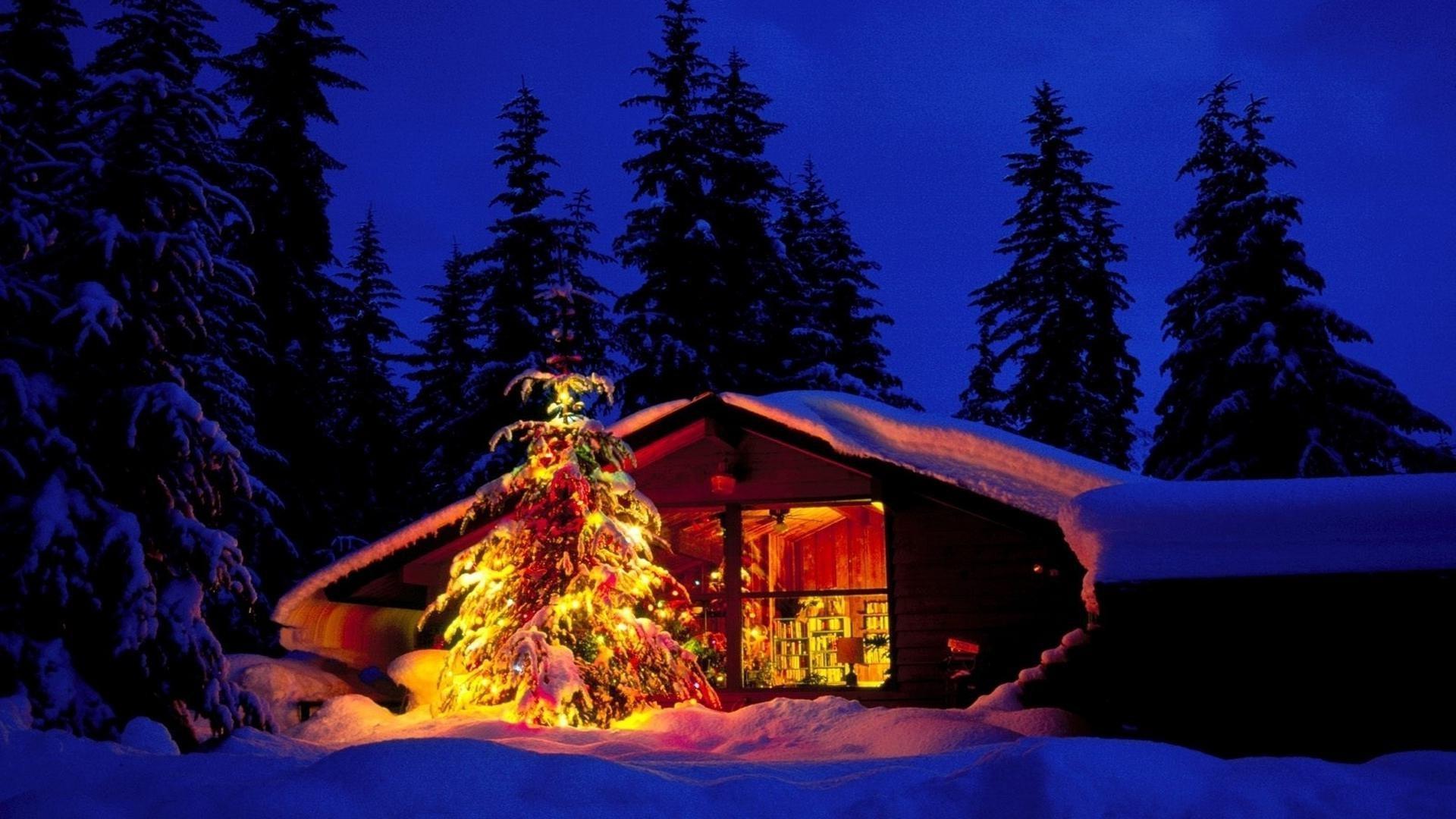1920x1080 Winter Cabin Christmas Wallpaper