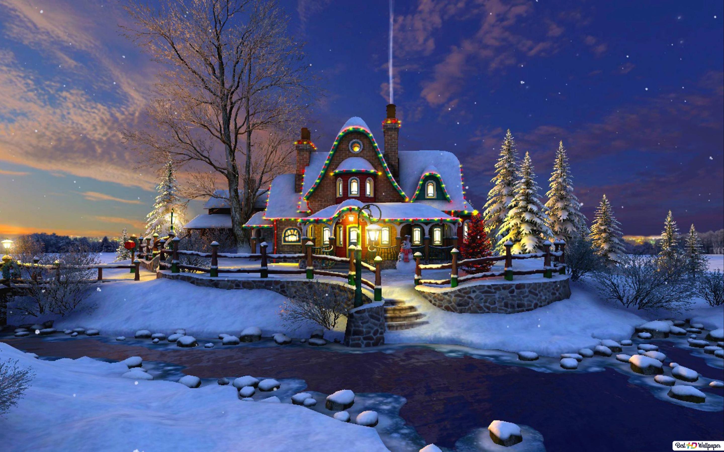 2880x1800 House Decorated for Christmas HD wallpaper download