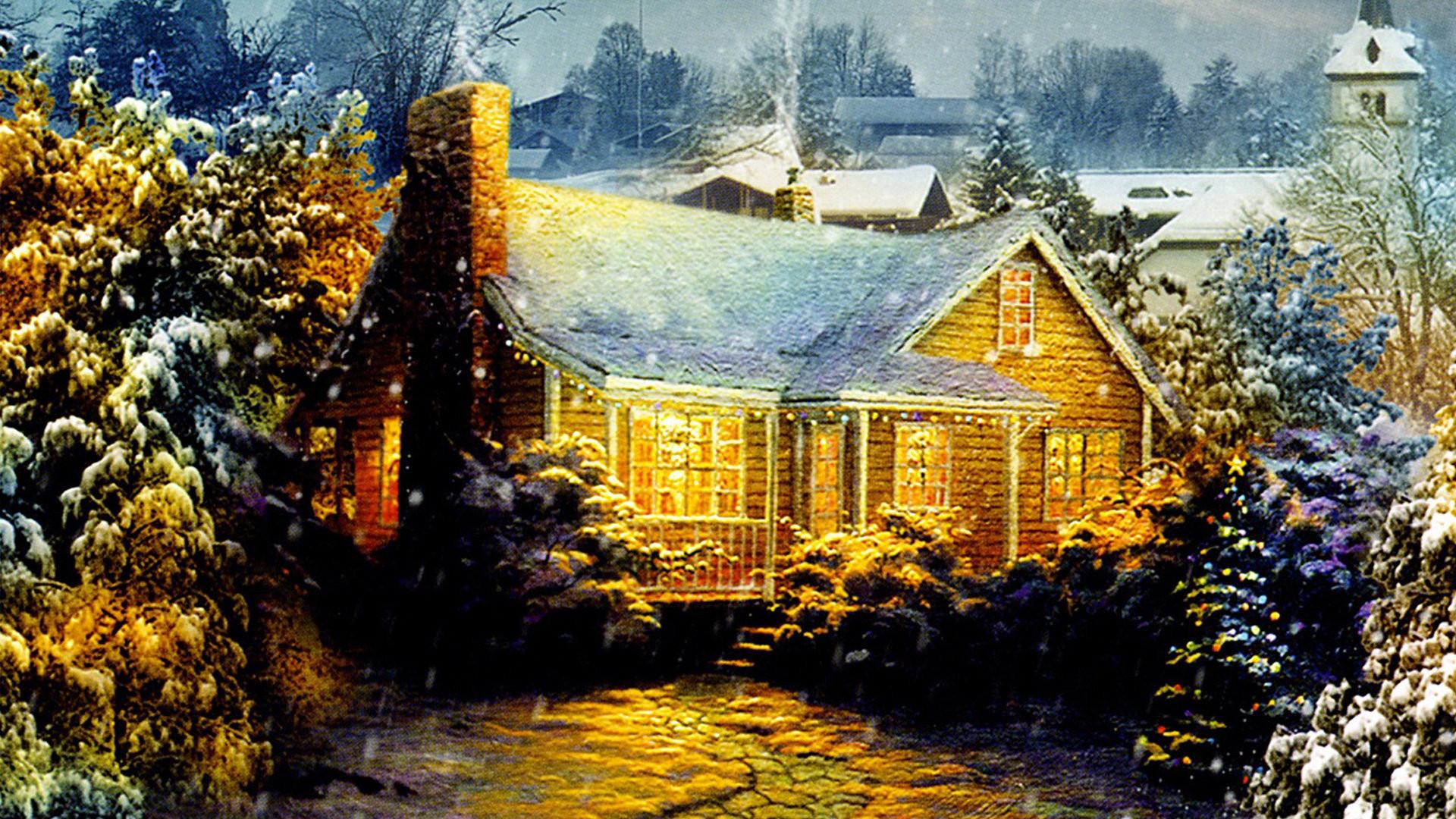 1920x1080 cottage wallpaper, home, painting, natural landscape, house, winter, landscape, log cabin, tree, building, cottage