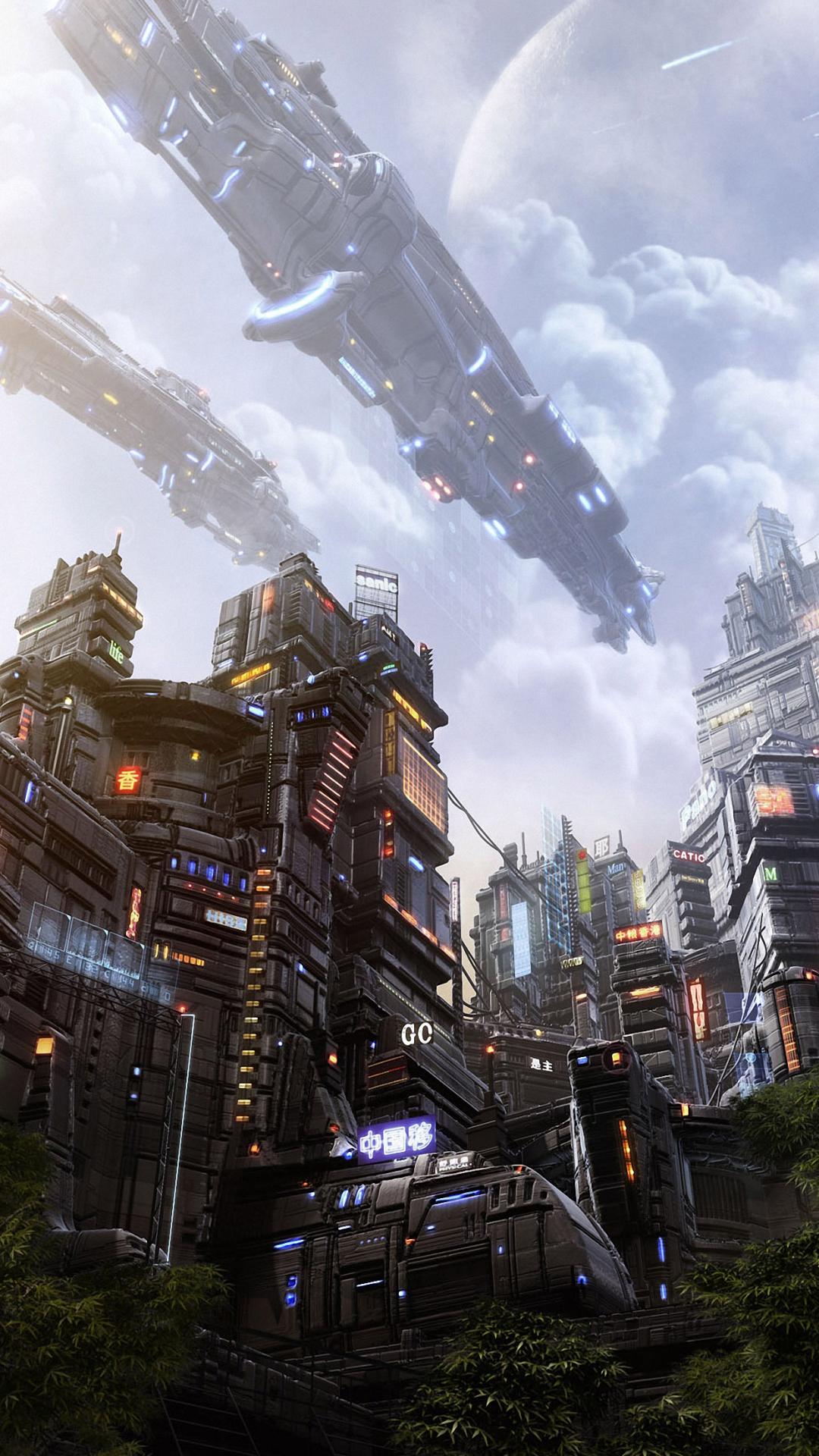 1080x1920 Fantasy Cool City Spaceship iPhone 6 Wallpaper HD