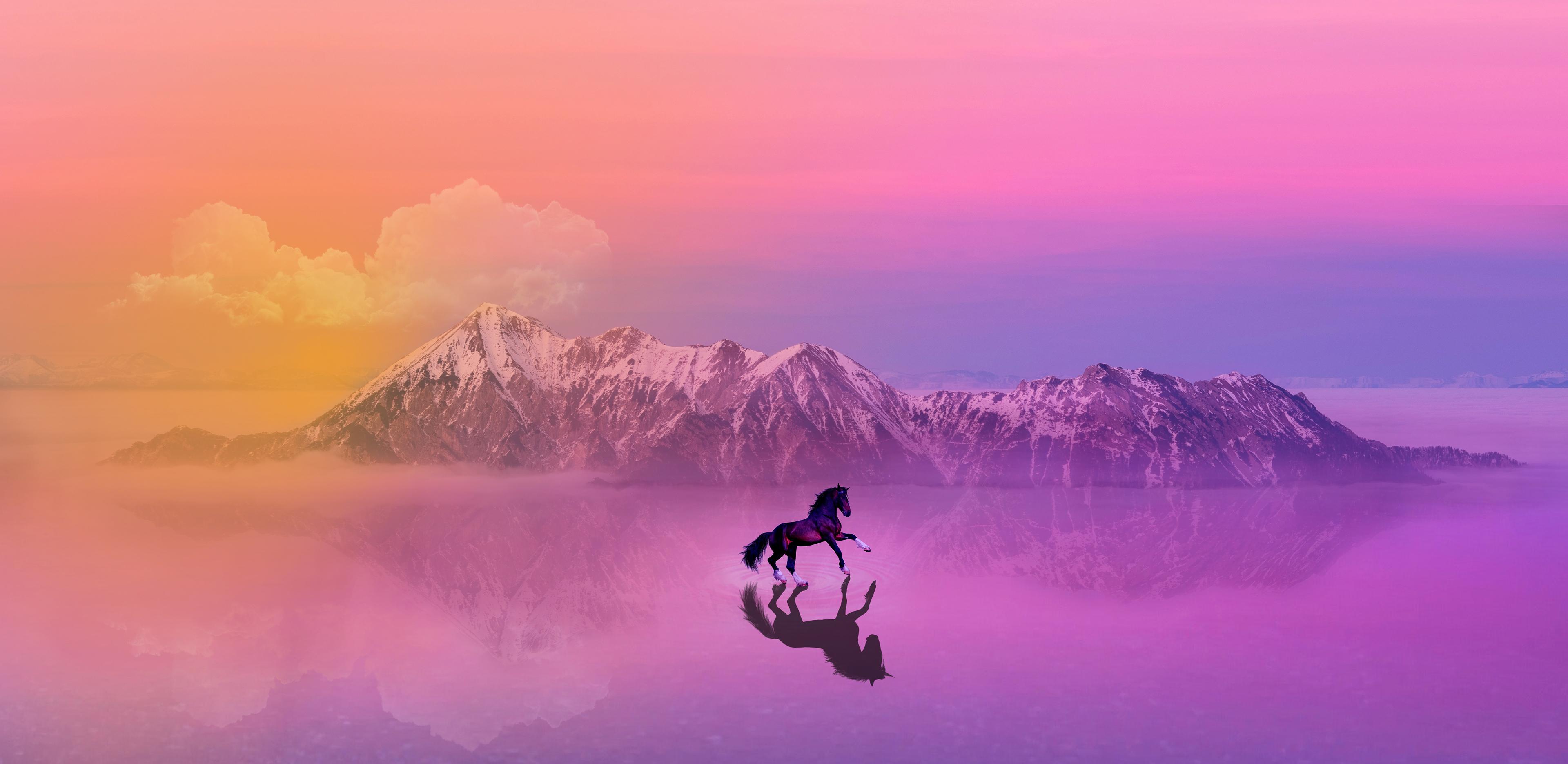 3840x1871 Horse Landscape Reflection Sunset Nature Mountains Clouds Pink Blue Wallpaper:3840x1871