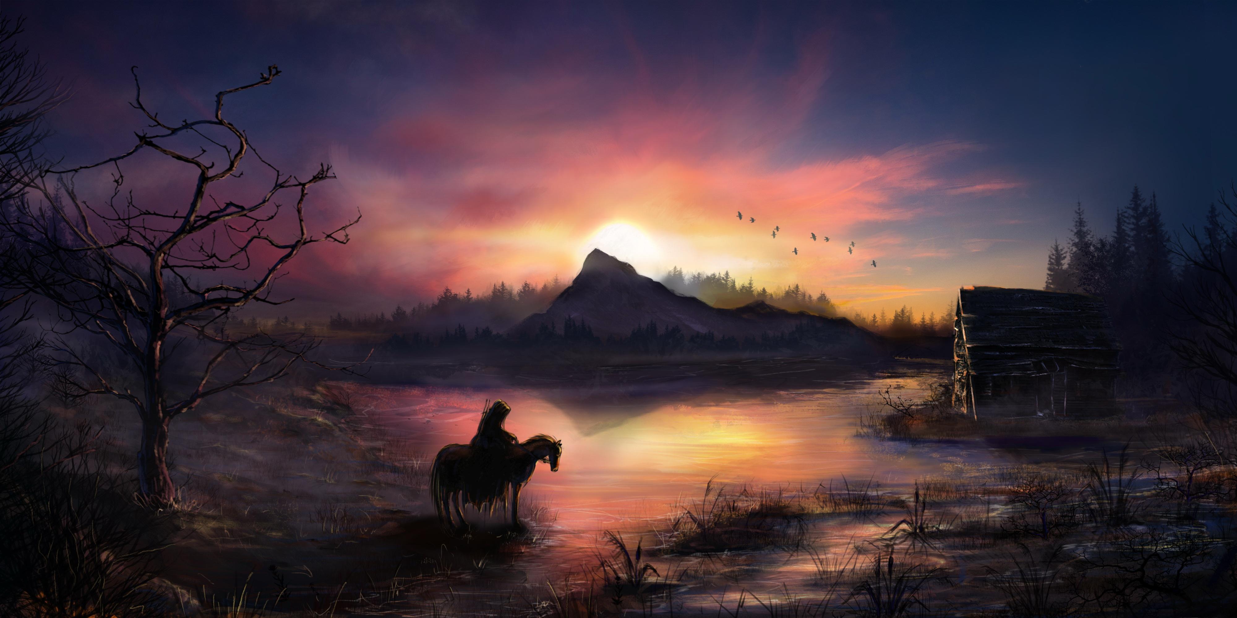 4000x2000 Warrior Horse Birds Flying Sunrise Landscape View 1366x768 Resolution HD 4k Wallpaper, Image, Background, Photo and Picture