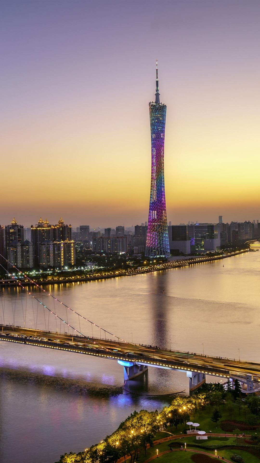 1080x1920 Beautiful Guangzhou, Canton Tower, Bridge, River, Skyscrapers, Lights, Dusk 1080x1920 IPhone 8 7 6 6S Plus Wallpaper, Background, Picture, Image