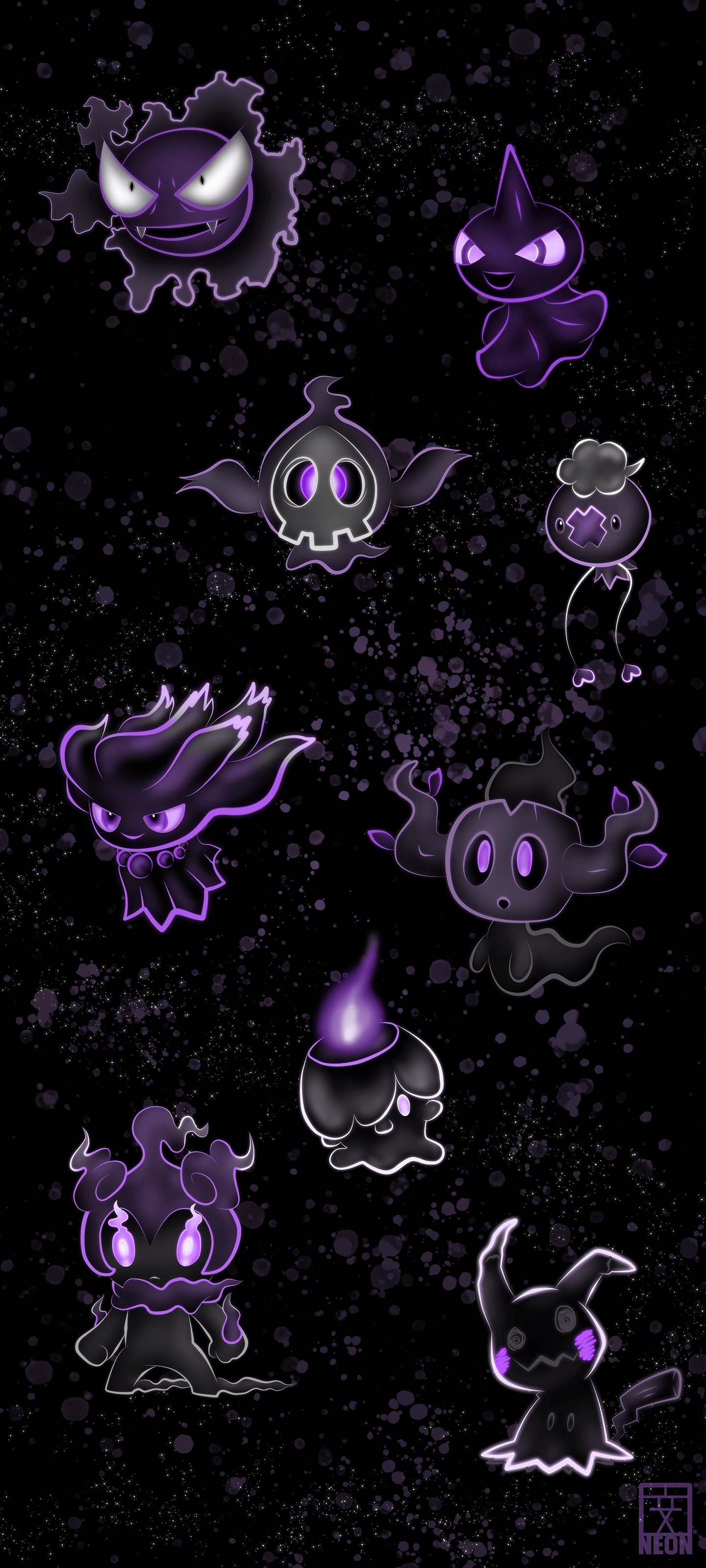 1440x3200 Neon Ghost Pokemon Phone Wallpaper for Halloween [OC] (3200x1440)
