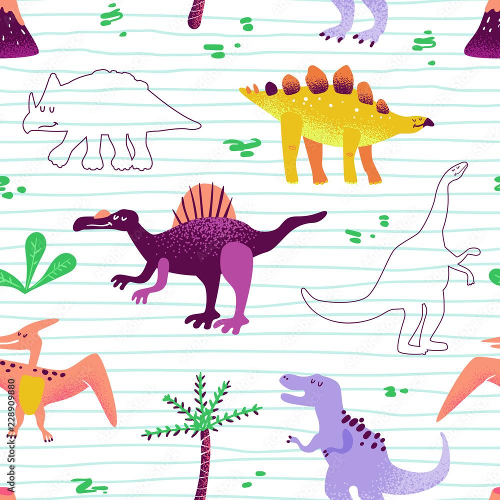 1000x1000 Seamless cute cartoon dinosaurs pattern. Vector baby dino background texture. Backdrop for textile, fabric, wallpaper print Stock Vector