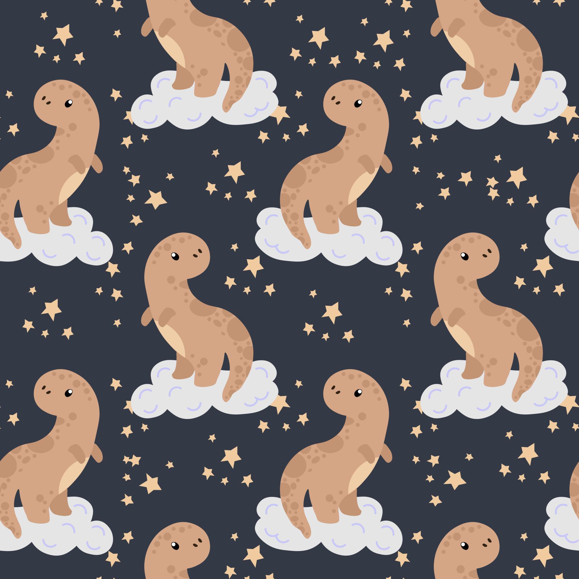 1920x1920 Seamless pattern, print, cute beige baby dinosaur on a cloud on a blue background with stars. Textiles, wallpaper, cover, decor for kids bedroom