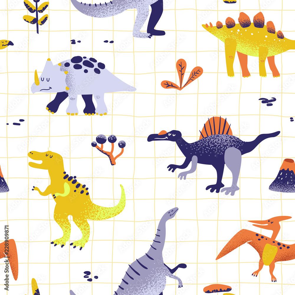 1000x1000 Seamless cute cartoon dinosaurs pattern. Vector baby dino background texture. Backdrop for textile, fabric, wallpaper print Stock Vector