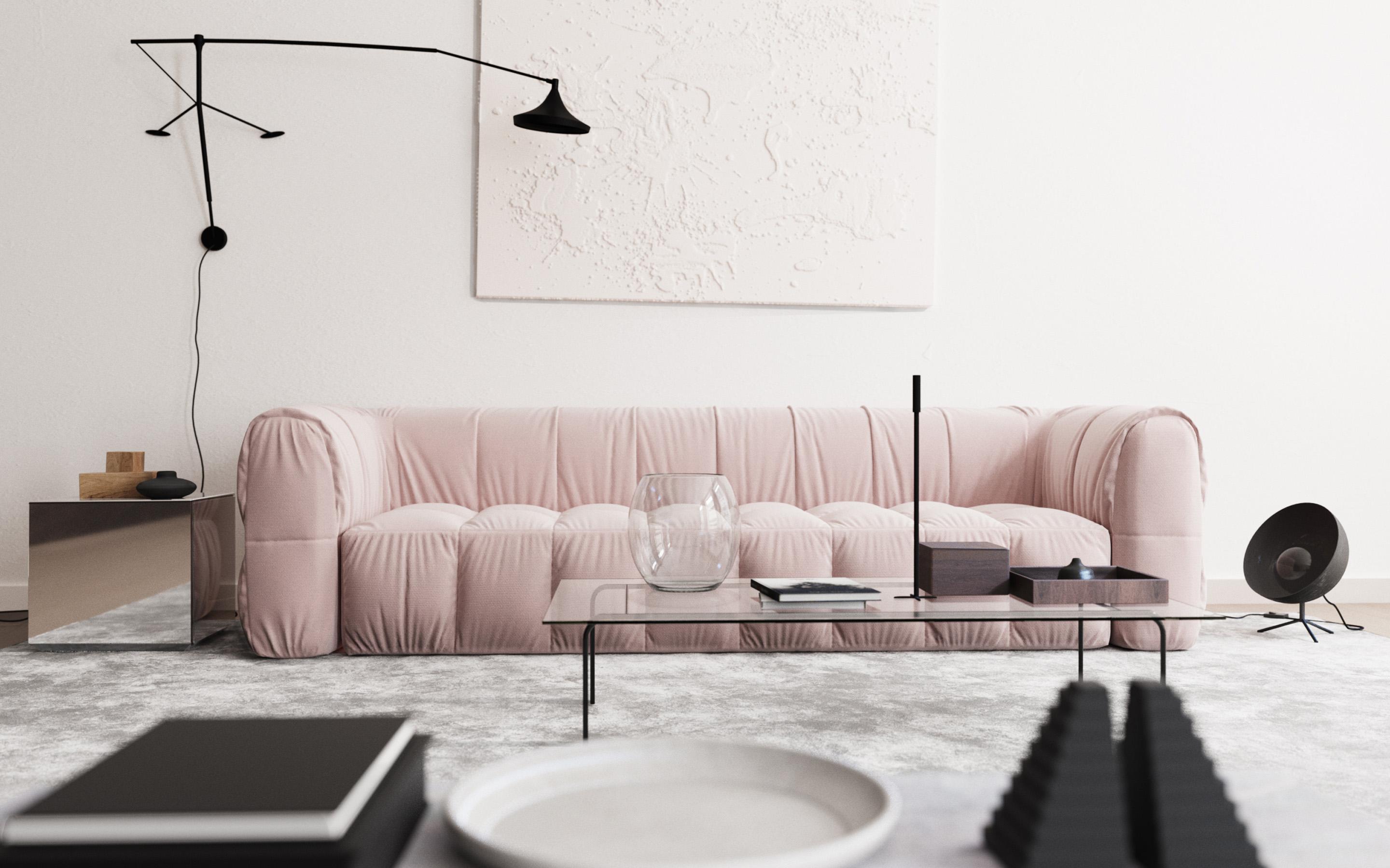 2880x1800 Download wallpaper white living room, white interior, modern design, pink sofa, black floor lamp, white walls, minimalist interior for desktop with resolution 2880x1800. High Quality HD picture wallpaper