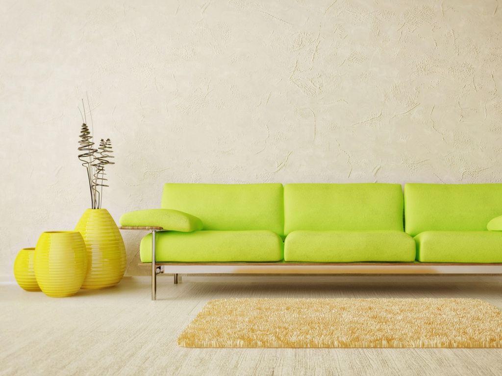 1024x768 Download wallpaper 1024x768 interior, room, style, design, light, minimalist sofa, green, vase, yellow, carpet, parquet standard 4:3 HD background