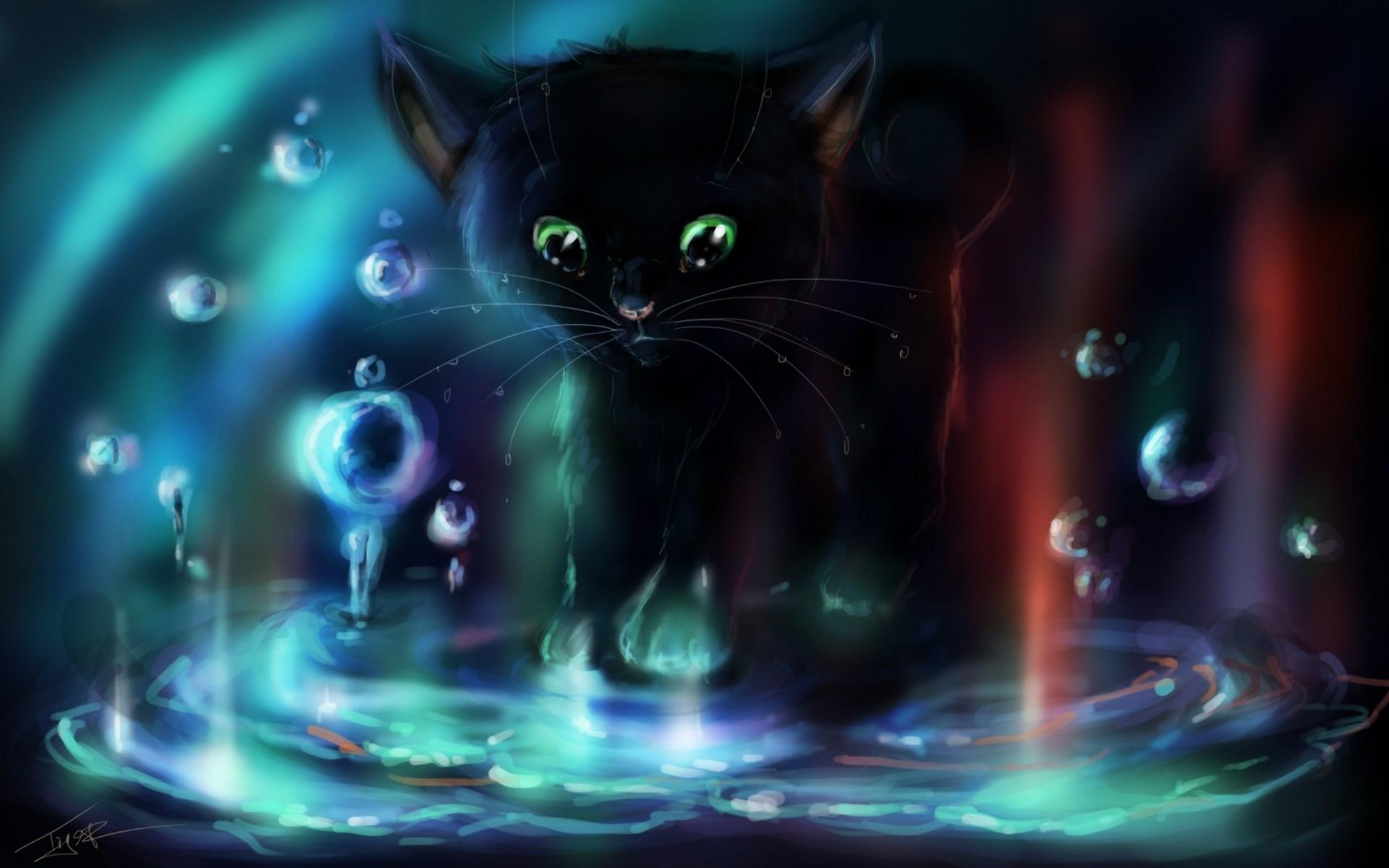 1920x1200 Kitten Water Bubbles Art