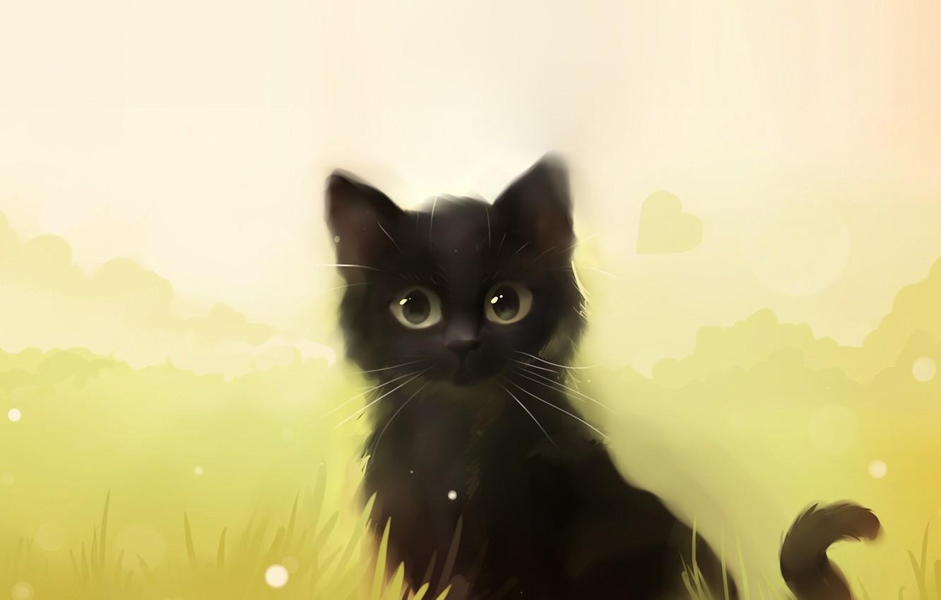 1332x850 Wallpaper cat, grass, cat, kitty, black, art, Apofiss image for desktop, section кошки