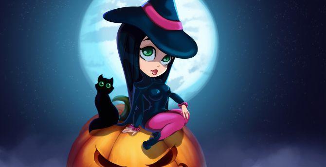670x344 Cute witch and kitten, halloween, art wallpaper, HD image, picture, background, b50acc