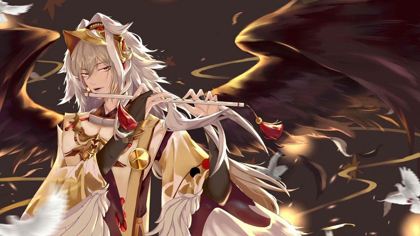 1366x768 Ootengu, Onmoyuji, Anime Games, Black Wings, Flute