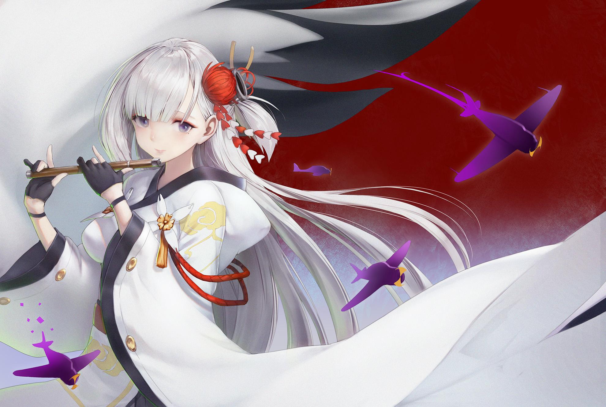 1980x1328 aircraft anthropomorphism azur lane flute gloves haori iori hoodie instrument japanese clothes long hair purple eyes shoukaku (azur lane) white hair. konachan.net.com Anime Wallpaper