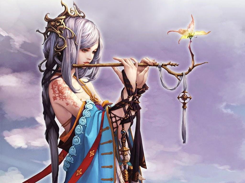 1024x768 Dreamy Mythical Girl with Flute Wallpaper. free download wallpaper
