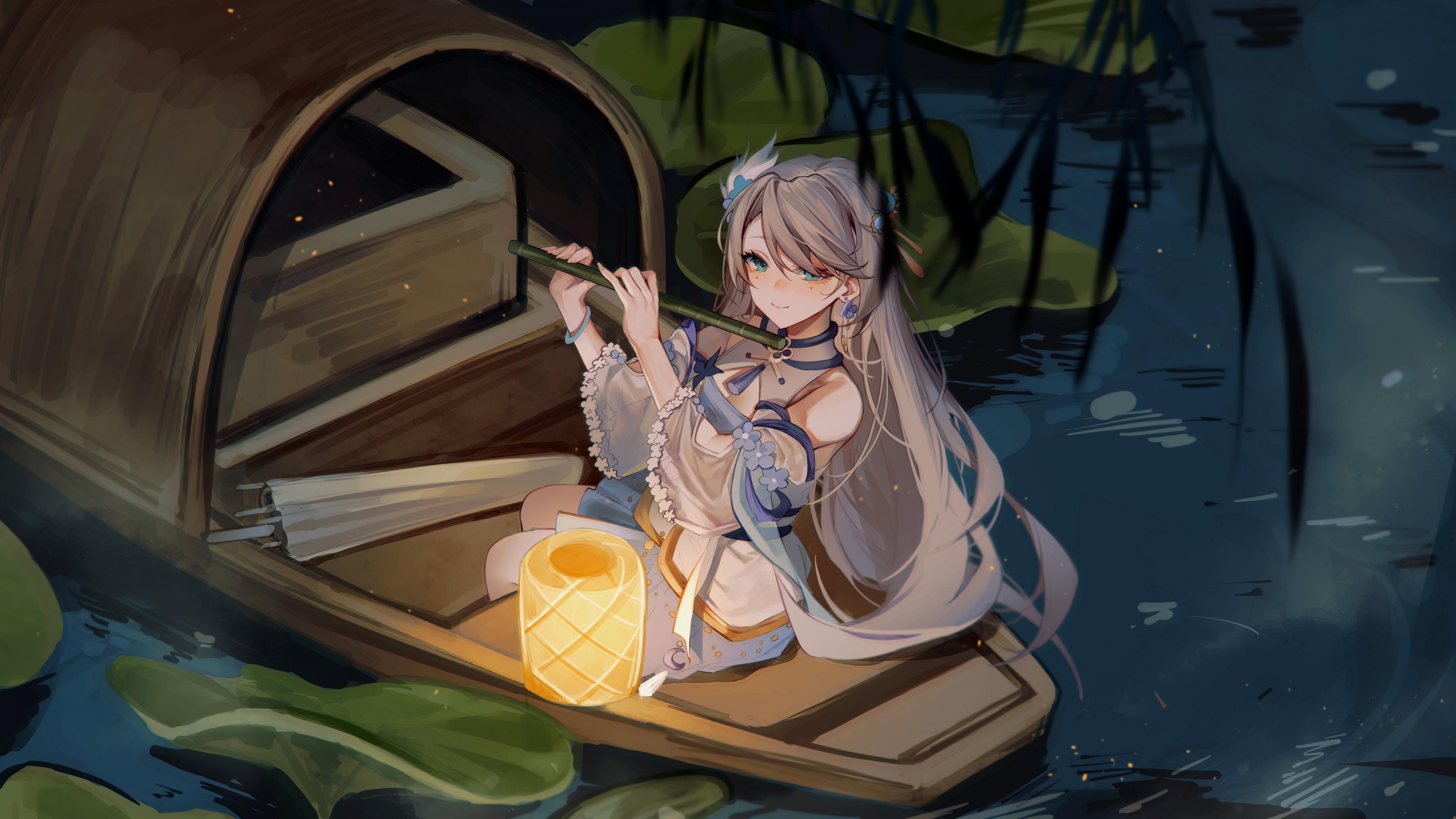 3840x2160 Blue Eyes Anime Girl With Flute Sitting On Boat 4K 5K HD Anime Girl Wallpaper