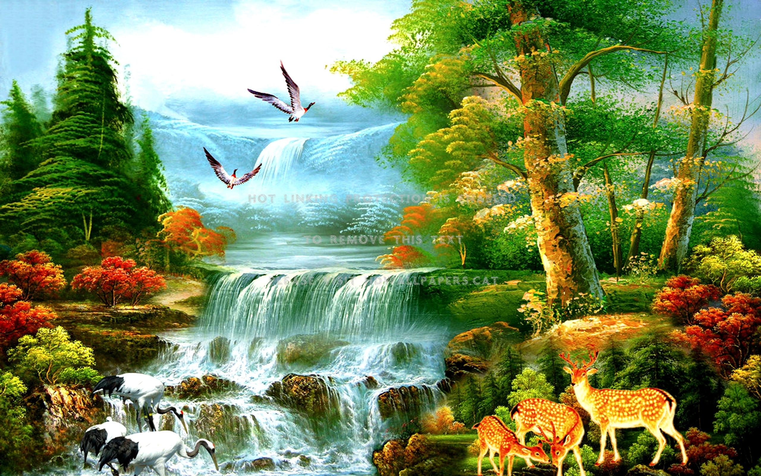 2560x1600 Paradise Waterfalls Painting Forest Deers HD Wallpaper