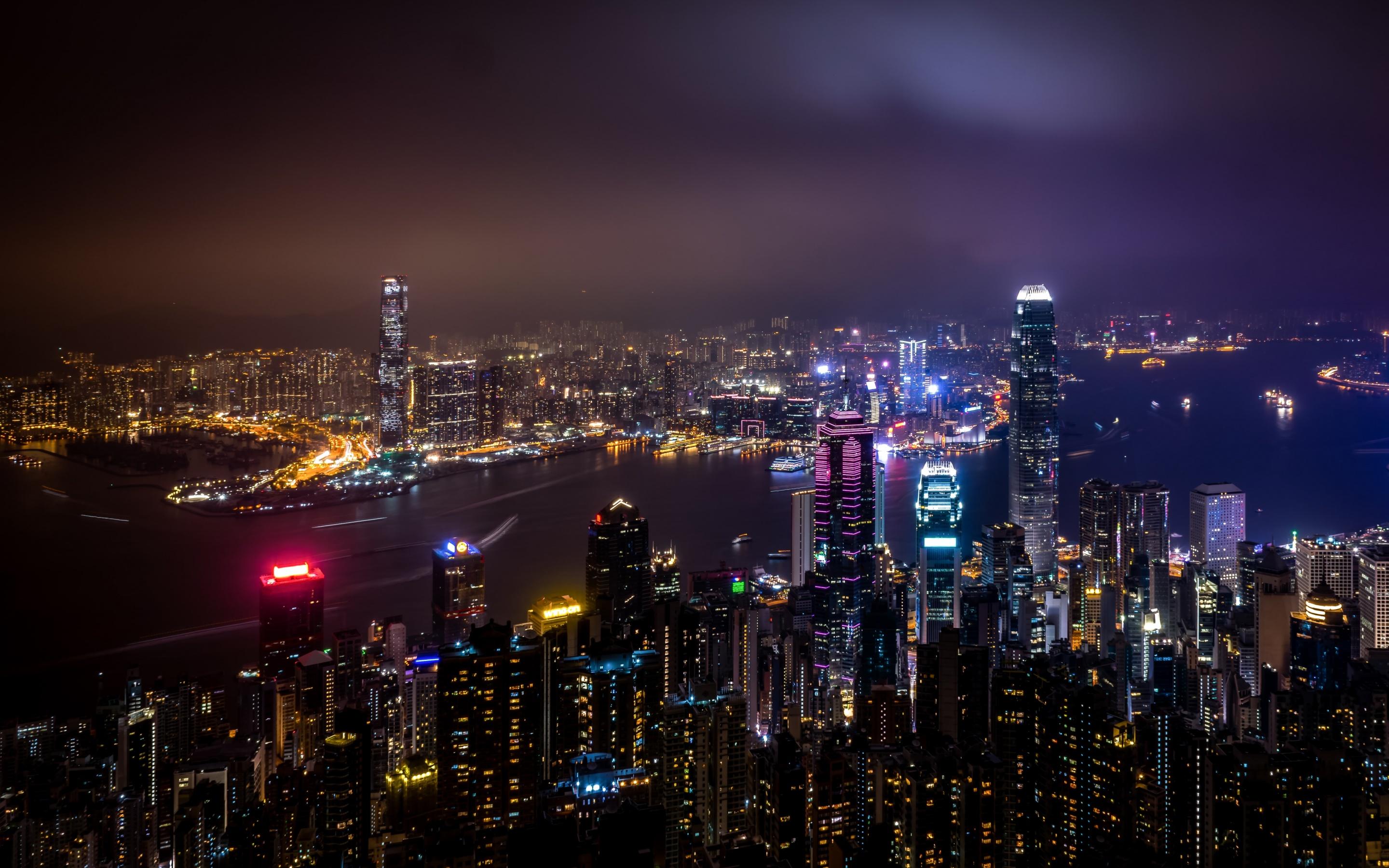 2880x1800 Hong Kong City Skyline Wallpaper 4K, Body of Water, Skyscrapers, Night time, World