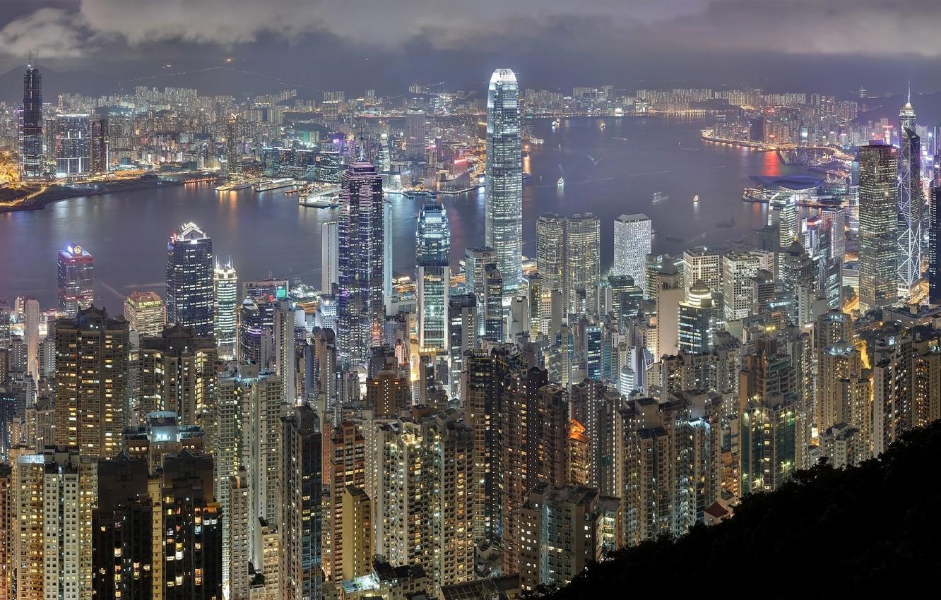 1332x850 Wallpaper night, building, Hong Kong, skyscrapers image for desktop, section город