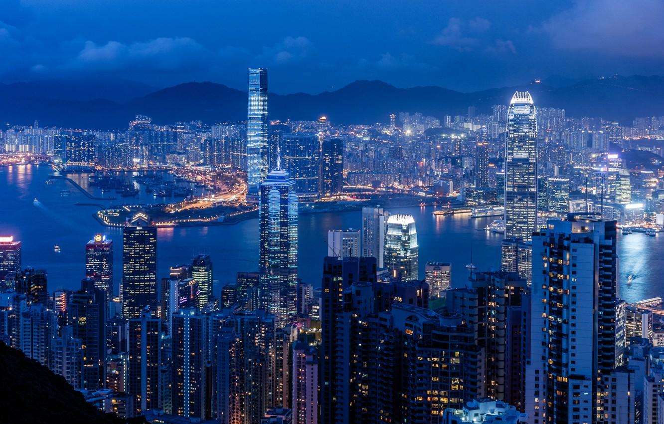 1332x850 Wallpaper the sky, night, Hong Kong, skyscrapers, lighting, panorama, Bay, China, blue, Braemar Hill, Victoria Harbour image for desktop, section город