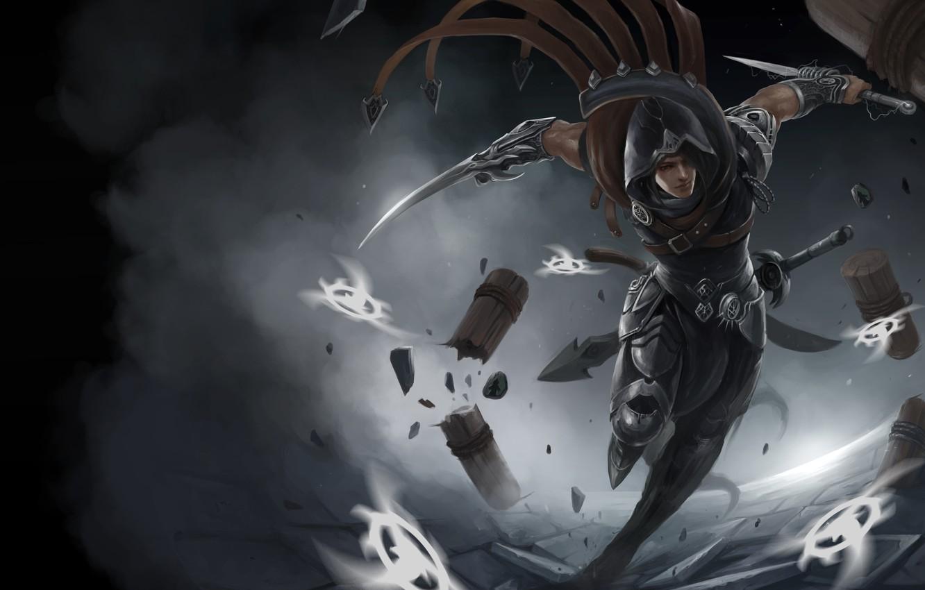 1332x850 Wallpaper movement, art, running, hood, guy, daggers, League of Legends, Talon image for desktop, section фантастика