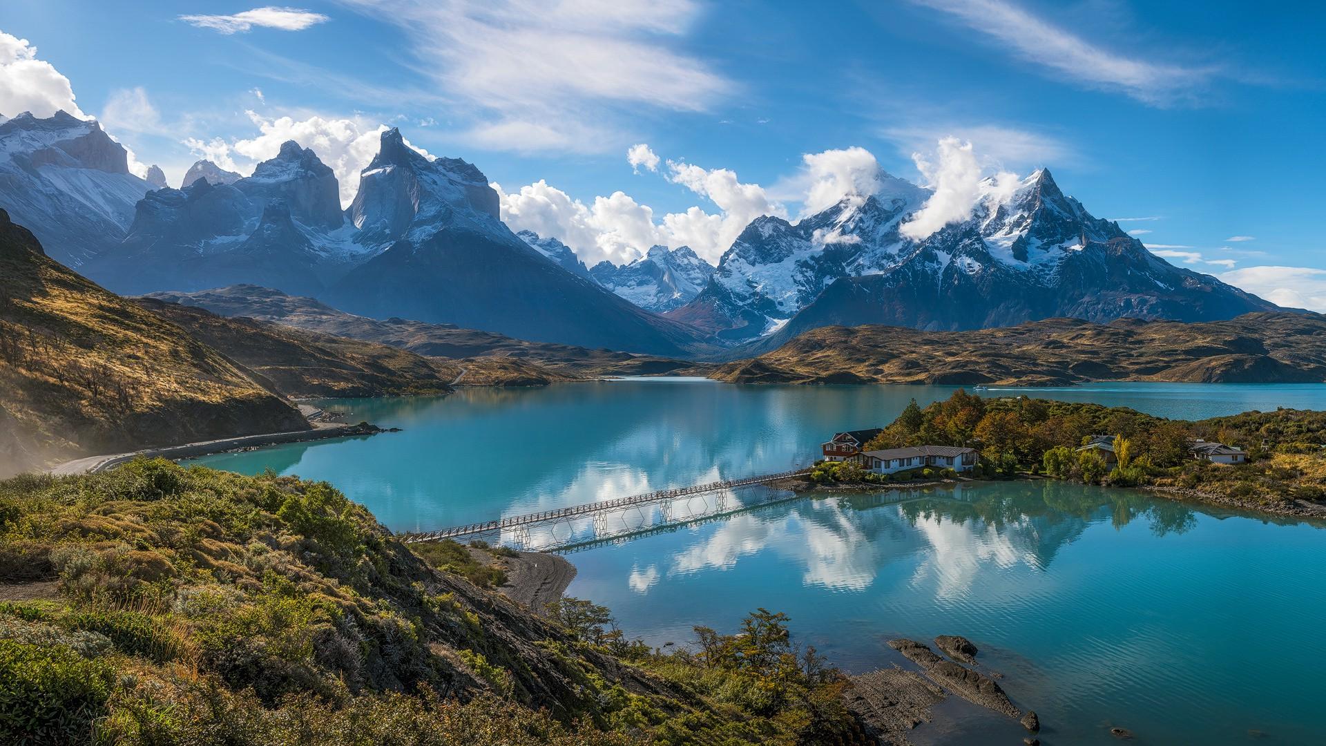 1920x1080 Torres Del Paine, Patagonia, Chile, Mountain, Lake, Shrubs, Road, Snowy Peak, Clouds, Hotels, Bridge, Water, Blue, Turquoise, Nature, Landscape Wallpaper HD / Desktop and Mobile Background