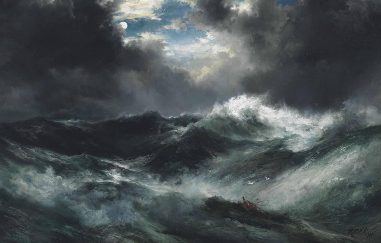 1332x850 Wallpaper sea, wave, light, night, clouds, storm, the moon, picture, shipwreck, marinistic, thomas moran, moonlight shipwreck at sea image for desktop, section живопись