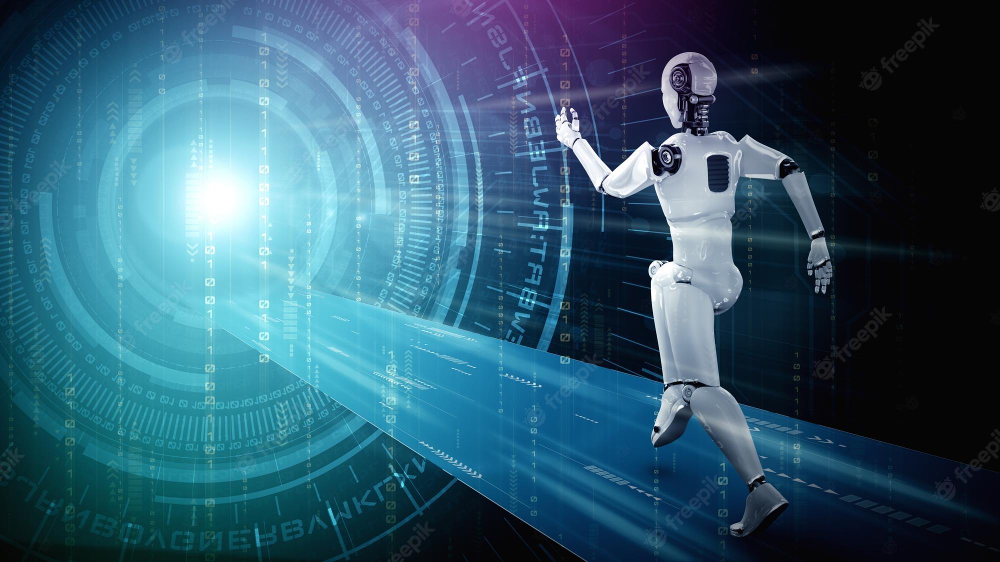 2000x1124 Premium Photo. Running robot humanoid showing fast movement and vital energy