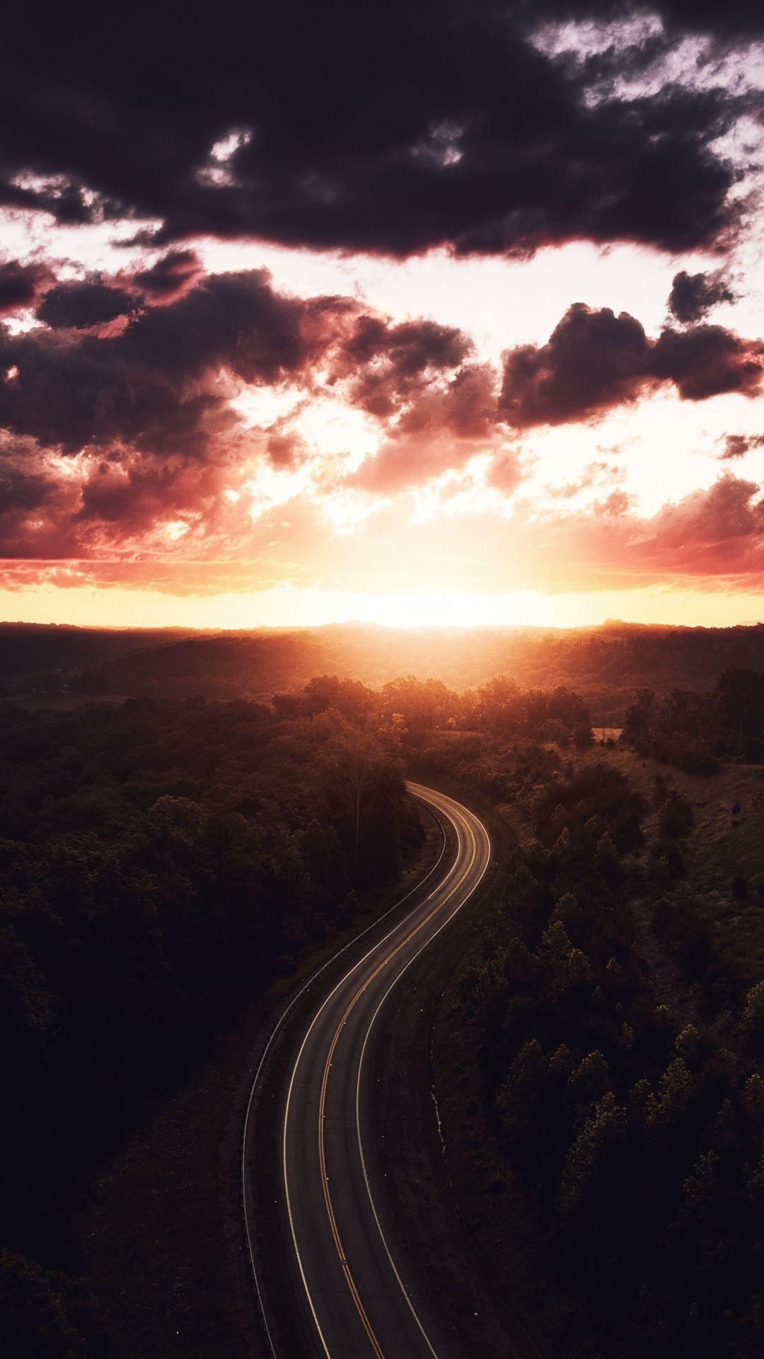 1080x1920 Beautiful Road Path Sun Setting Drone View 4k iPhone 6s